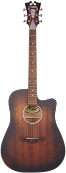 Dreadnought acoustic guitar with a dark brown wood finish, six strings, cutaway body, and decorative headstock labeled D’Angelico Premier.