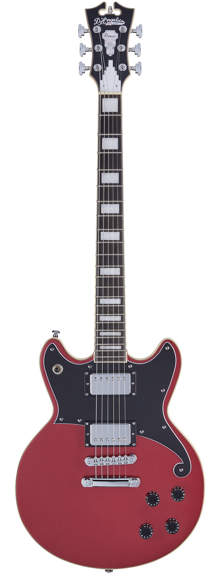 Red electric guitar with double cutaway body, black pickguard, two chrome humbucker pickups, four black control knobs, and rectangular inlays.