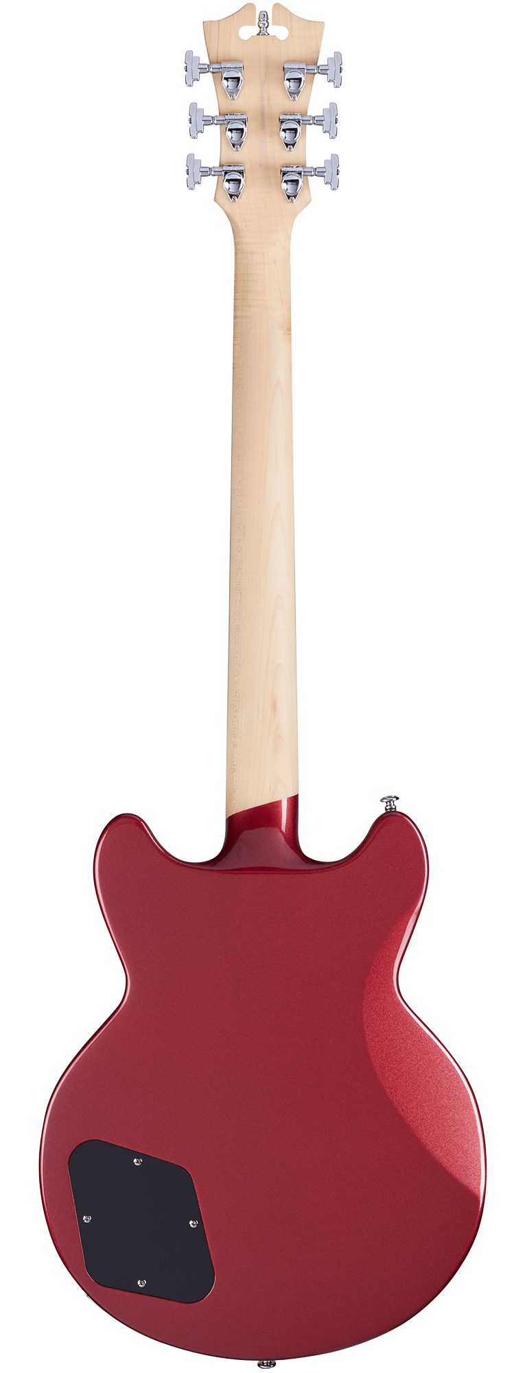 Red electric guitar shown from the back, with a natural wood neck, six chrome tuning pegs, and a black plastic cover on the lower body.