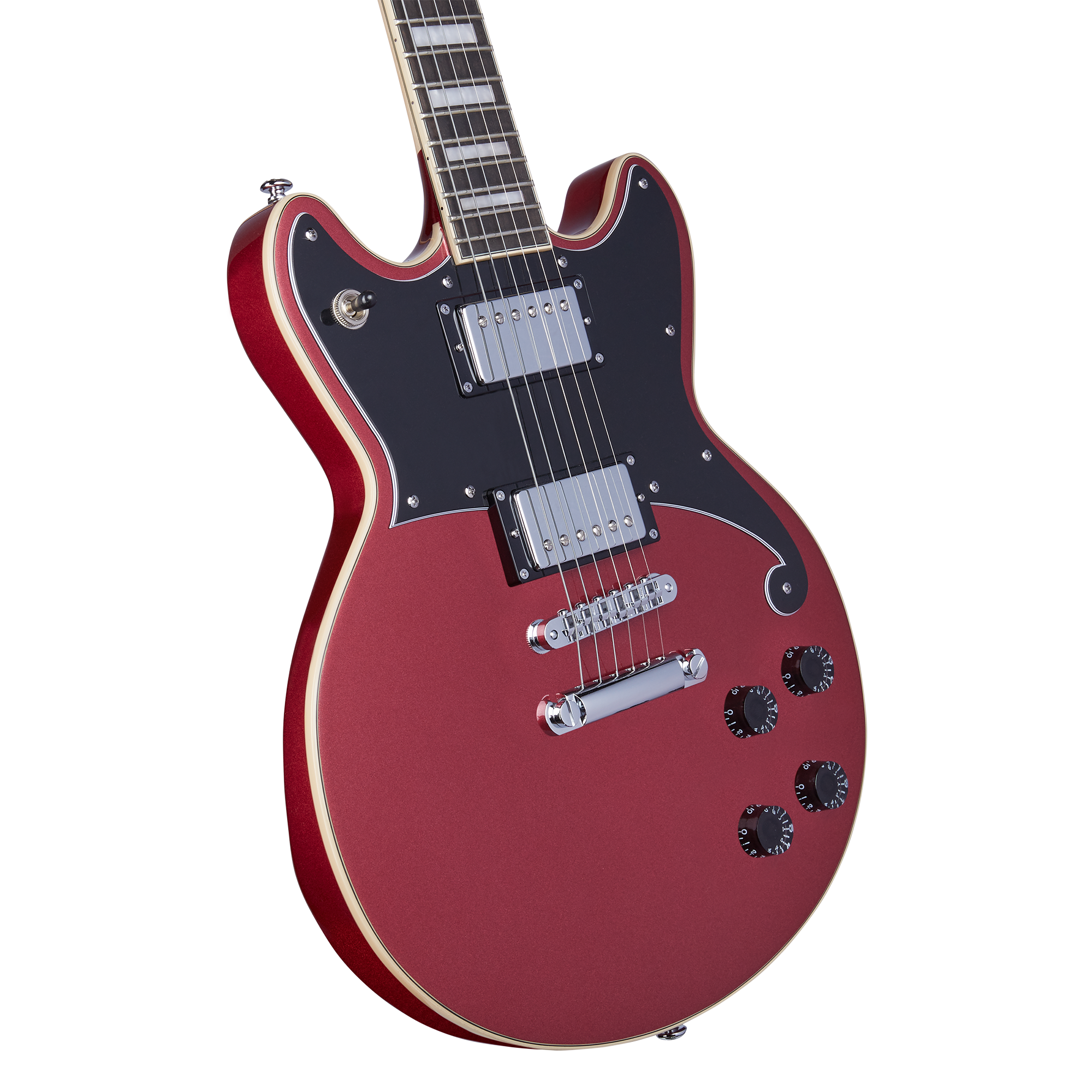 Metallic red electric guitar with black pickguard, chrome hardware, two humbucker pickups, four black control knobs, and a cream body outline.