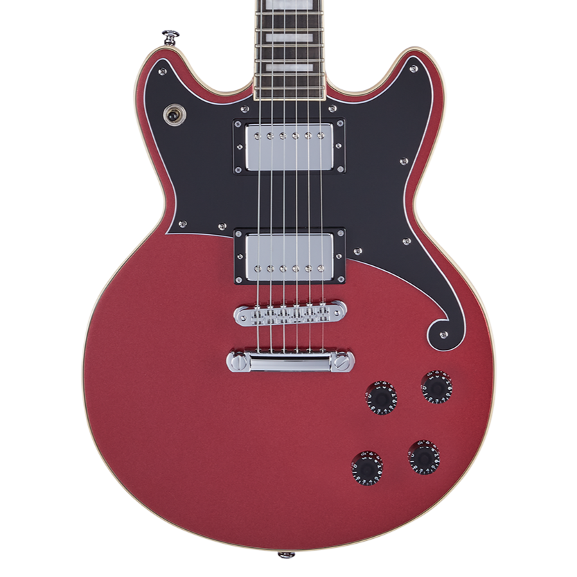 Red electric guitar with a double cutaway body, chrome hardware, two humbucker pickups, black pickguard, and four black control knobs.