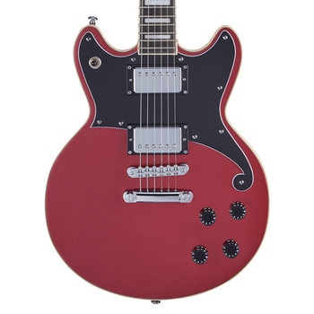 Red electric guitar with a double cutaway body, chrome hardware, two humbucker pickups, black pickguard, and four black control knobs.