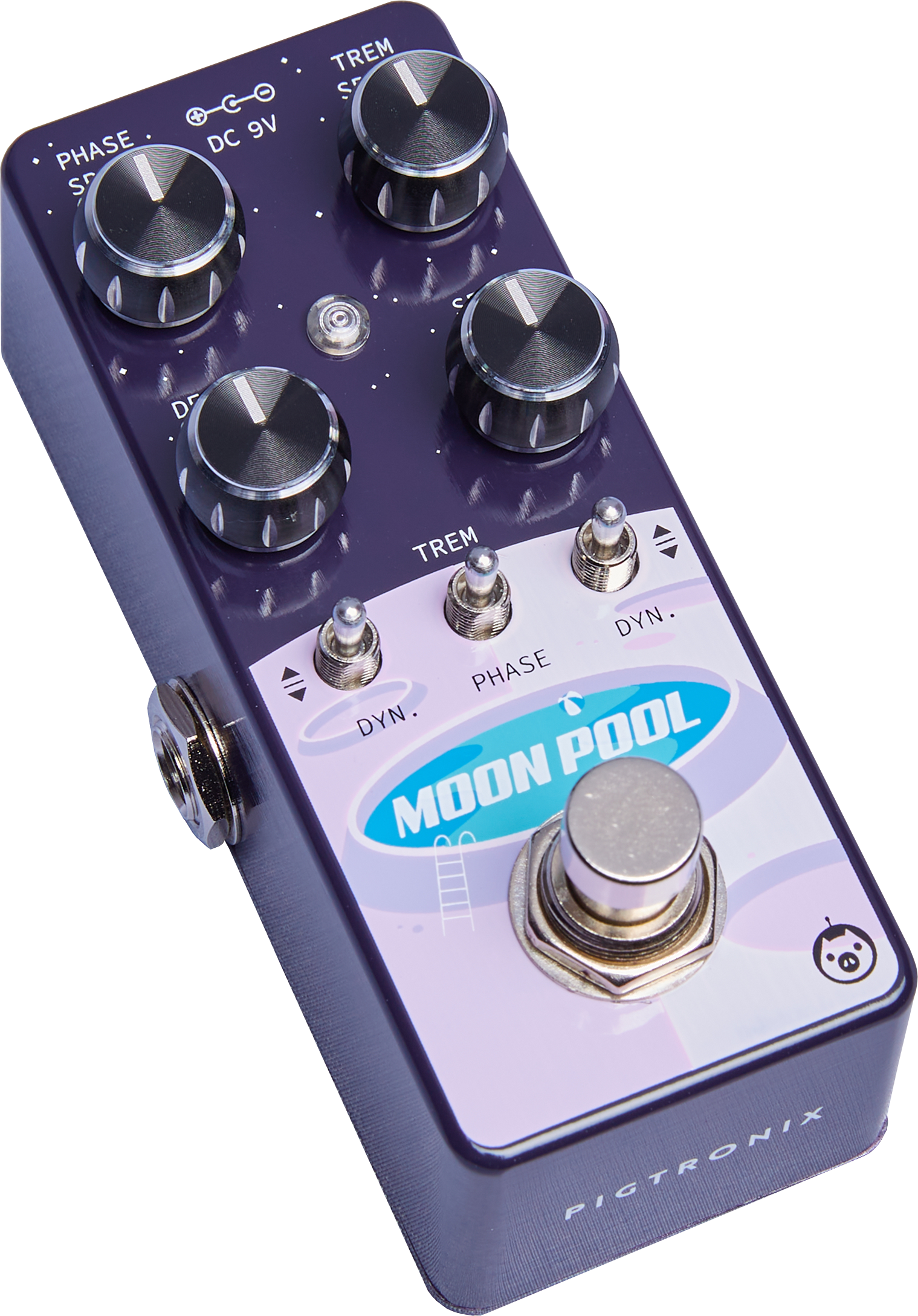 Pigtronix Moon Pool FX pedal, purple with four large knobs, three toggle switches, one footswitch, input jack on the side, and moon-themed graphics.