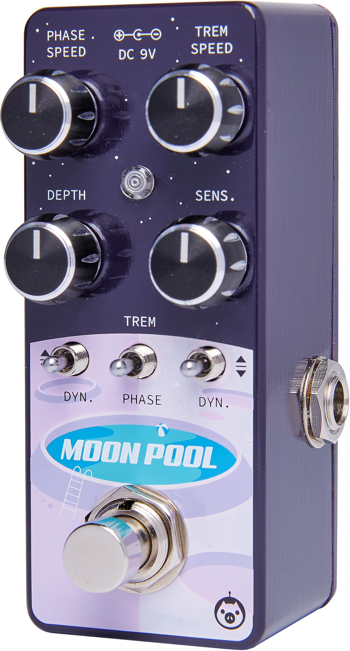Dark purple FX pedal labeled Moon Pool with four large dials, three toggle switches, a footswitch, and 9V DC input instructions on top.