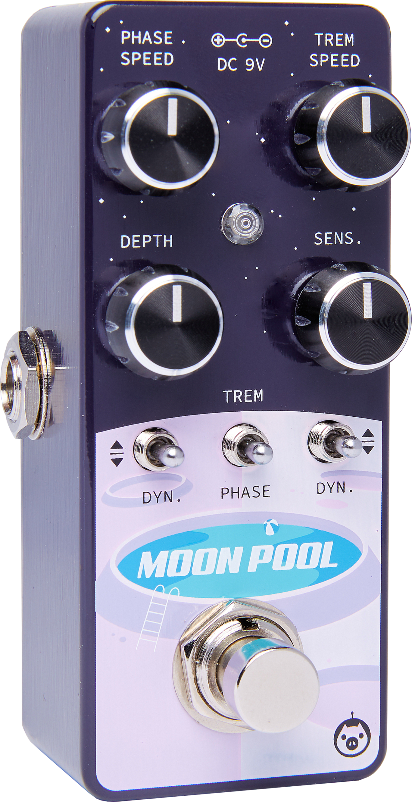 Guitar FX pedal with four knobs, three toggle switches, labeled “Moon Pool” in blue, and a large footswitch at the bottom.