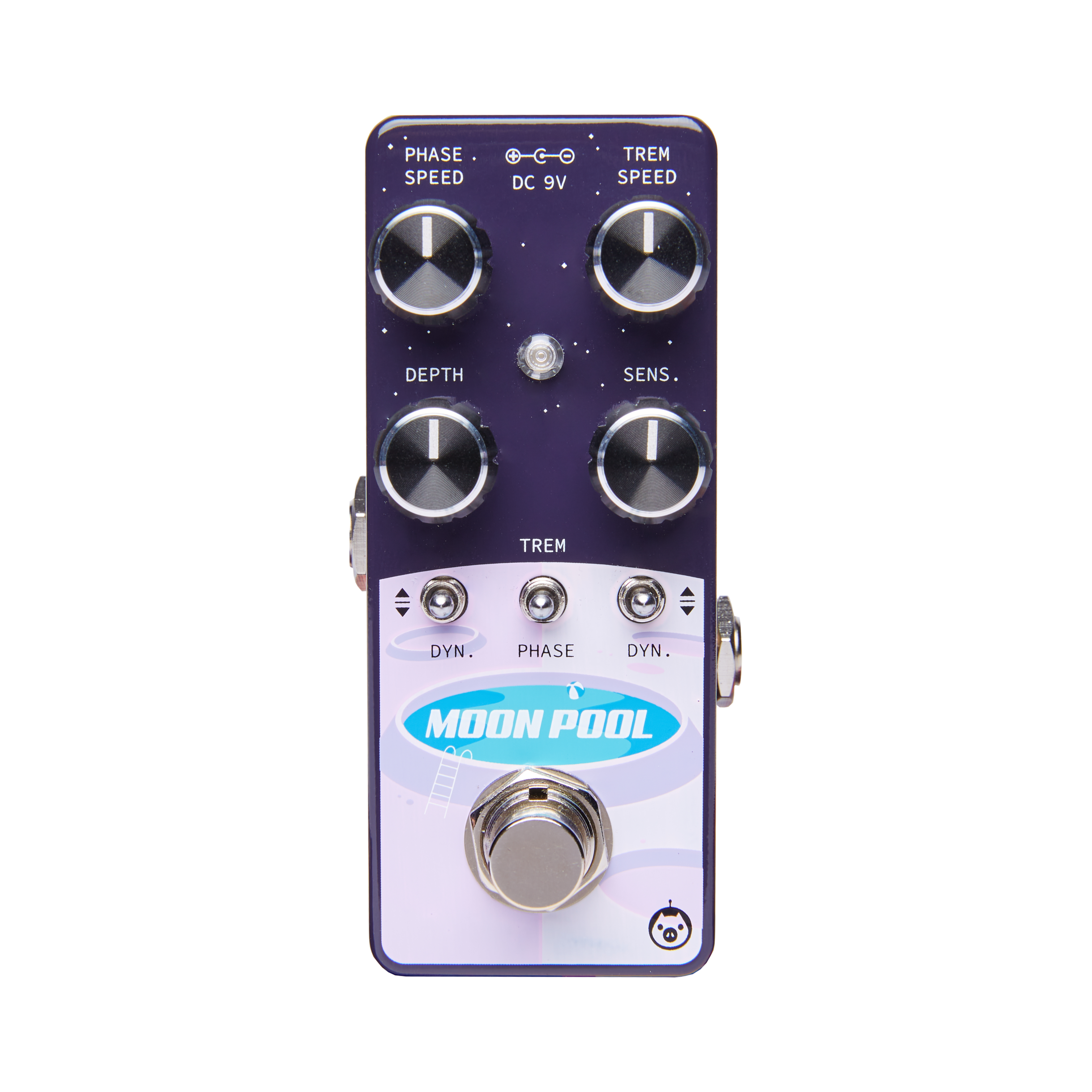Dark purple FX pedal labeled Moon Pool with four large knobs, three toggle switches, a footswitch, and blue pool-themed graphics on the lower half.