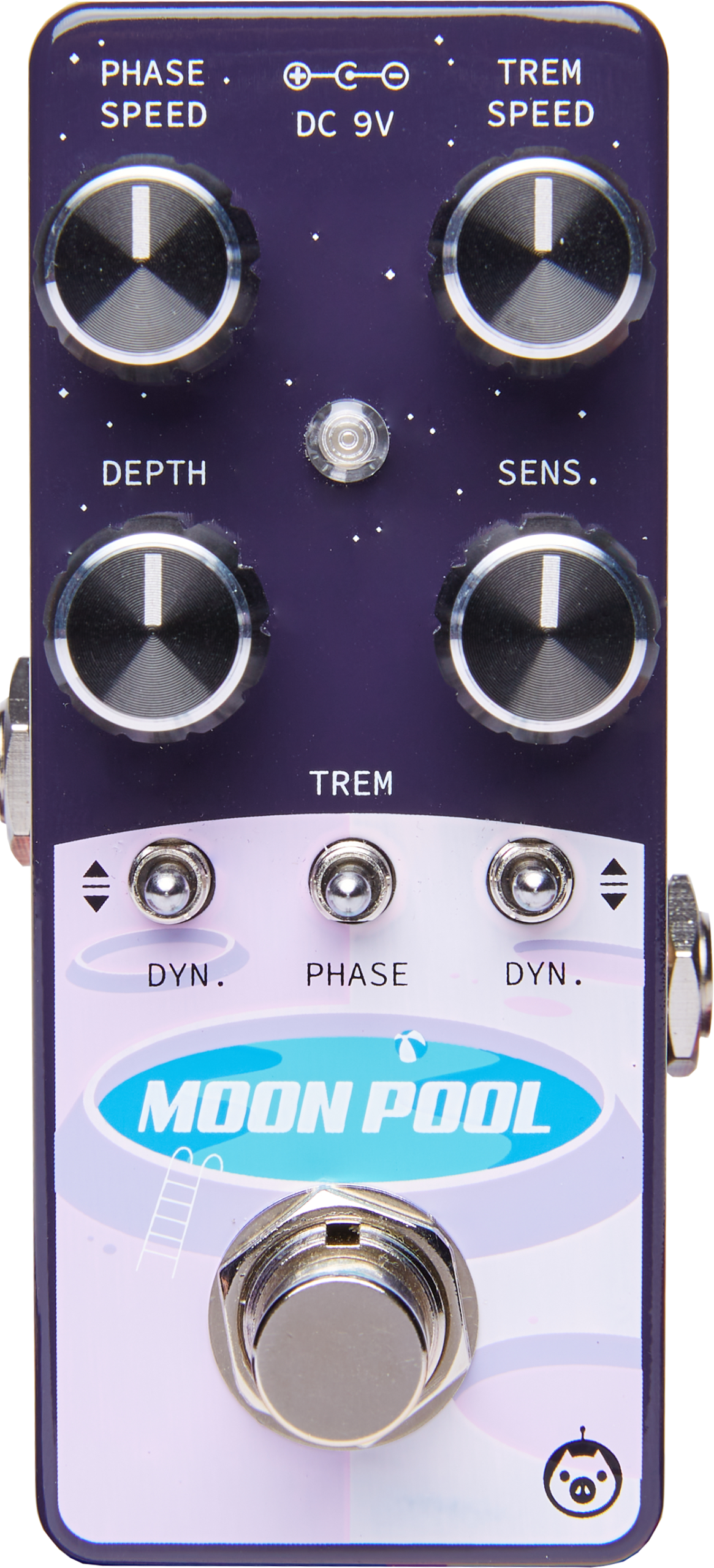 Guitar FX pedal with four knobs for phase speed, trem speed, depth, and sensitivity, three toggle switches, and a large footswitch labeled Moon Pool.