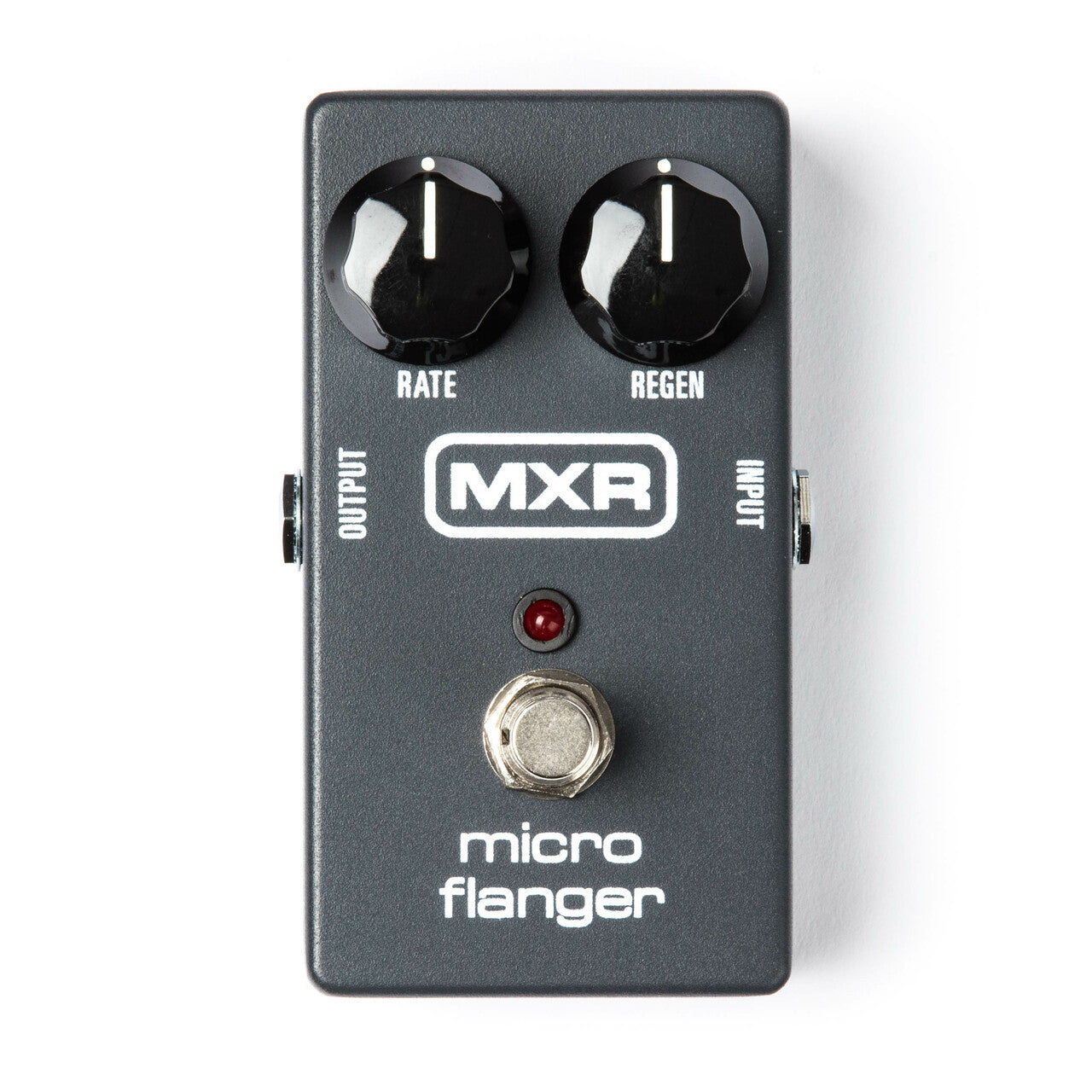 MXR Micro Flanger FX pedal with two black knobs labeled Rate and Regen, a footswitch, and a red LED above the switch. Input and output jacks on sides.