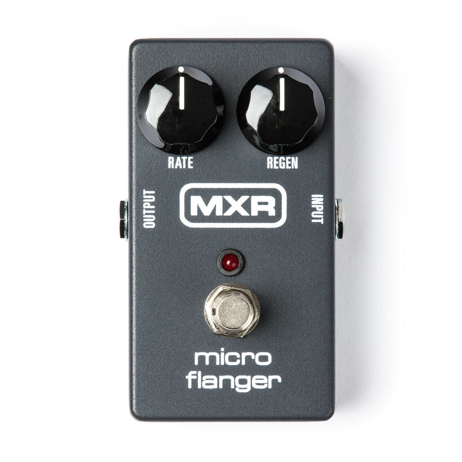 MXR Micro Flanger FX pedal with two black knobs labeled Rate and Regen, a footswitch, and a red LED above the switch. Input and output jacks on sides.