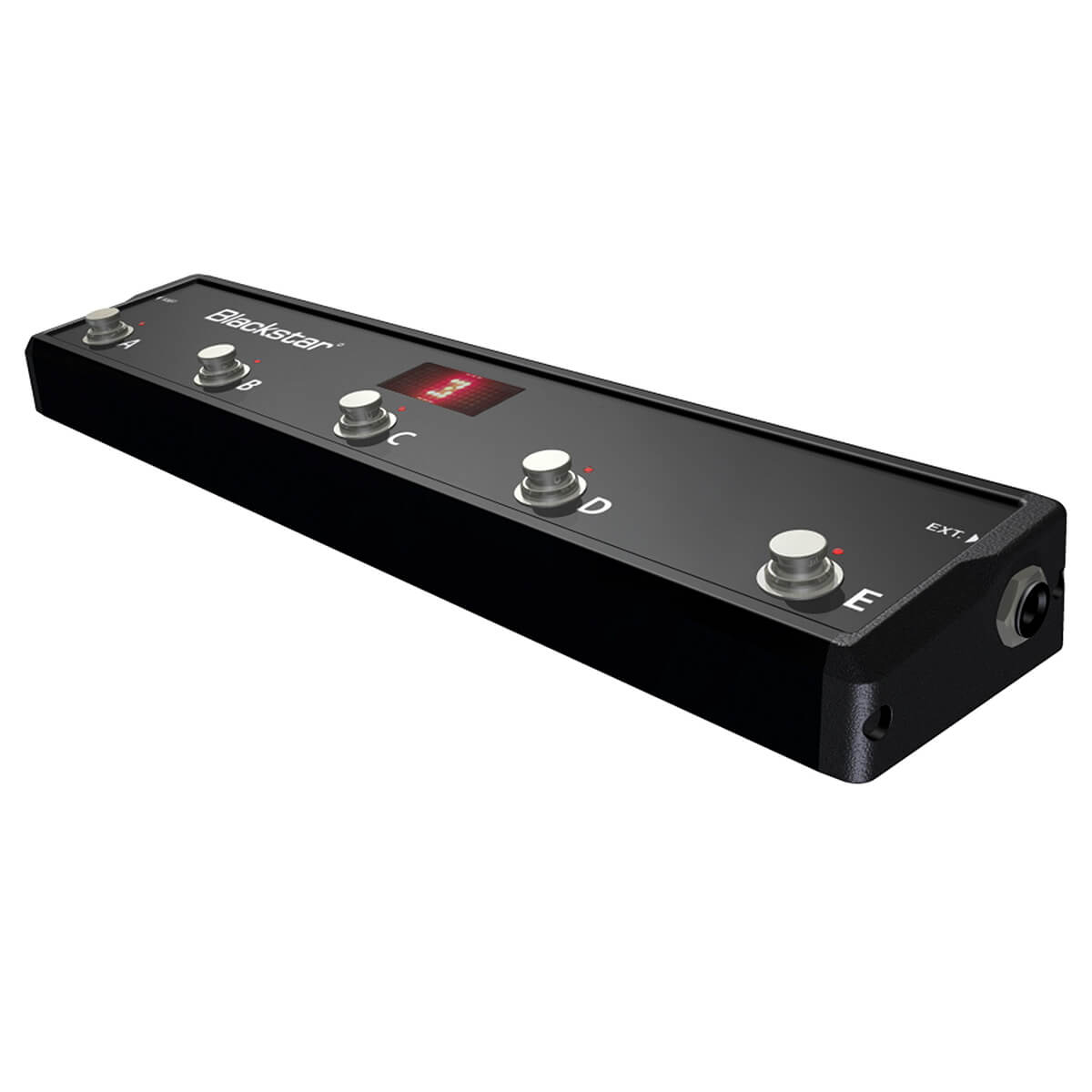 Black rectangular FX pedal controller with five footswitches labeled A to E, a small digital display above the middle button, and an input jack on the right side.