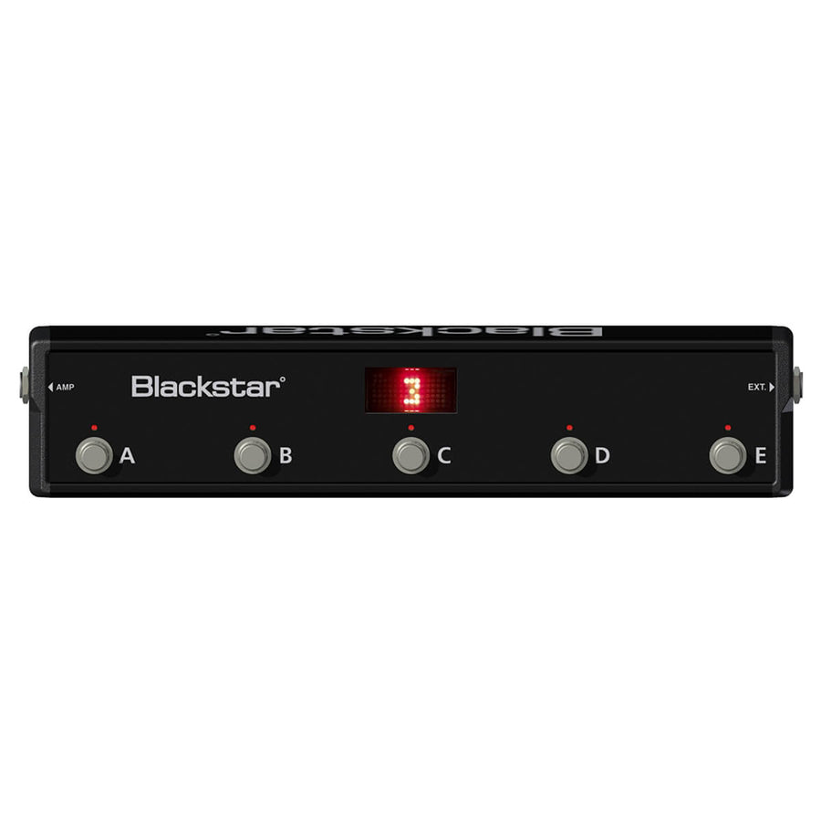 Blackstar FX pedal board with five labeled footswitches (A-E), each with a status light, and a small red digital display above the center switch.