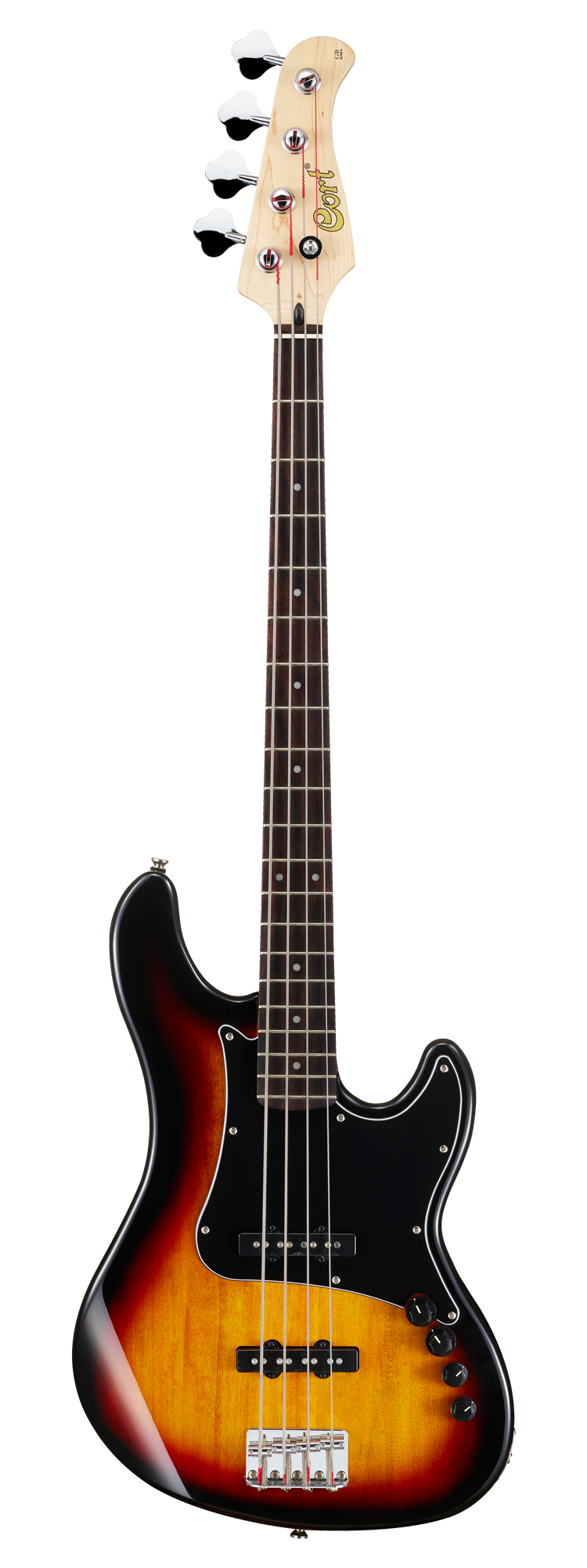 Four-string bass guitar with a sunburst finish, black pickguard, chrome tuning pegs, and control knobs on the lower right side of the body.