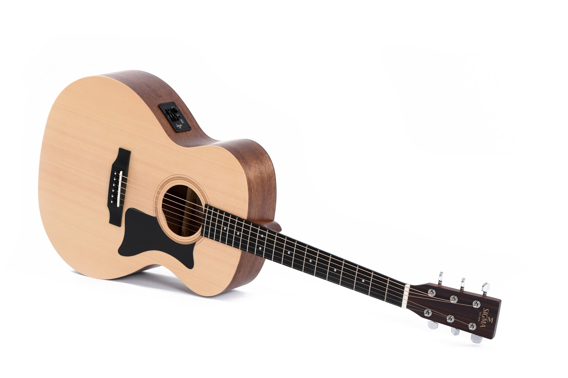 Light wood acoustic guitar with dark pickguard, six strings, control panel on the side, and silver tuning pegs on a dark wood headstock.