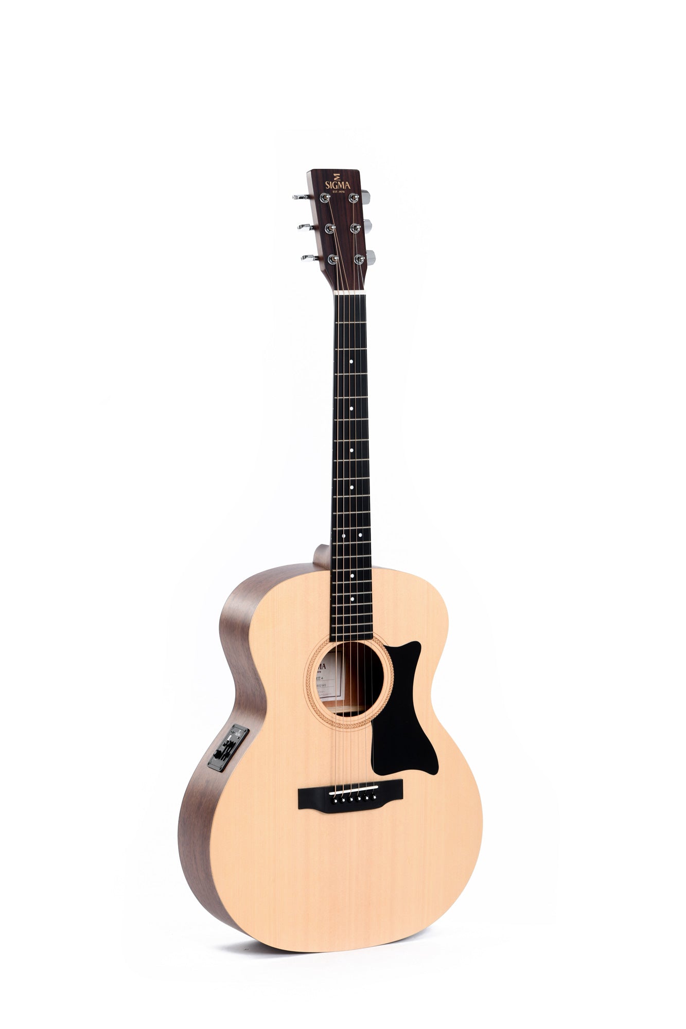 Light wood acoustic guitar with a dark pickguard, six strings, black fretboard, and control panel on the side. Brand "Sigma" on the headstock.