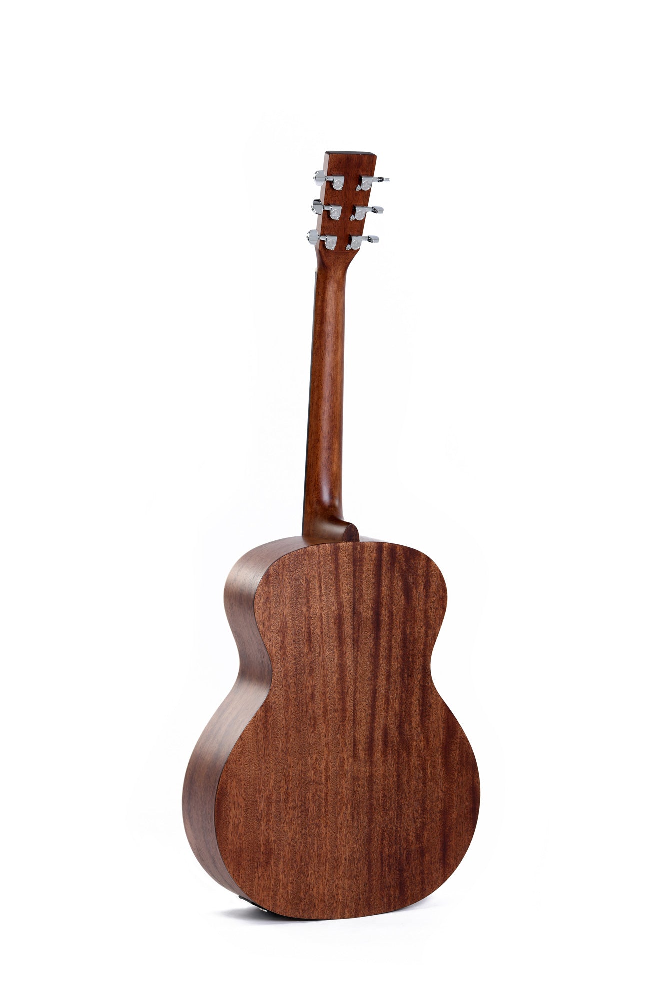 The back view of an acoustic guitar made of smooth, rich brown wood with six tuning pegs on the headstock.
