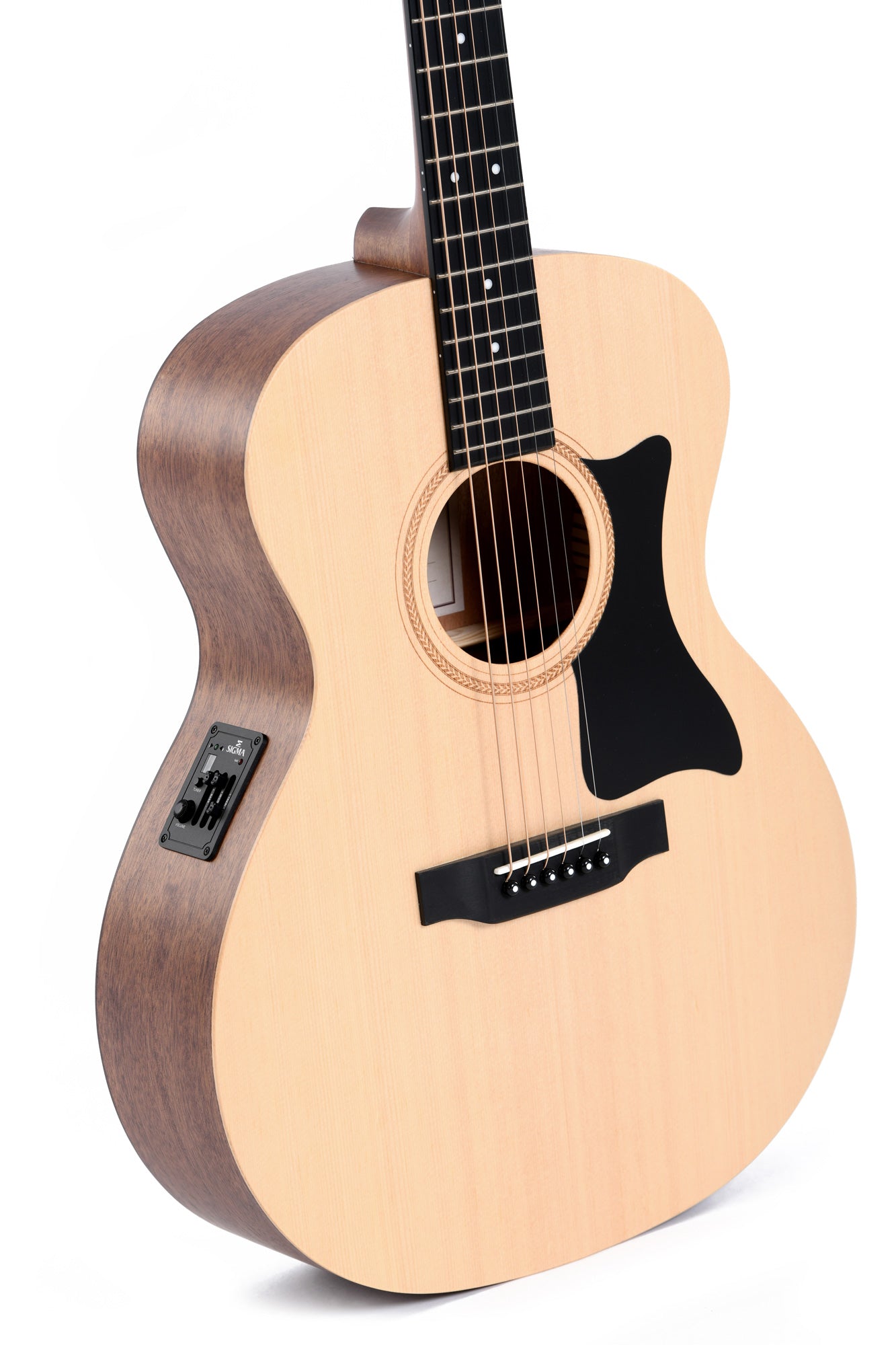 Light wood acoustic guitar with dark sides, black pickguard, electronic control panel on the left side, and six steel strings.