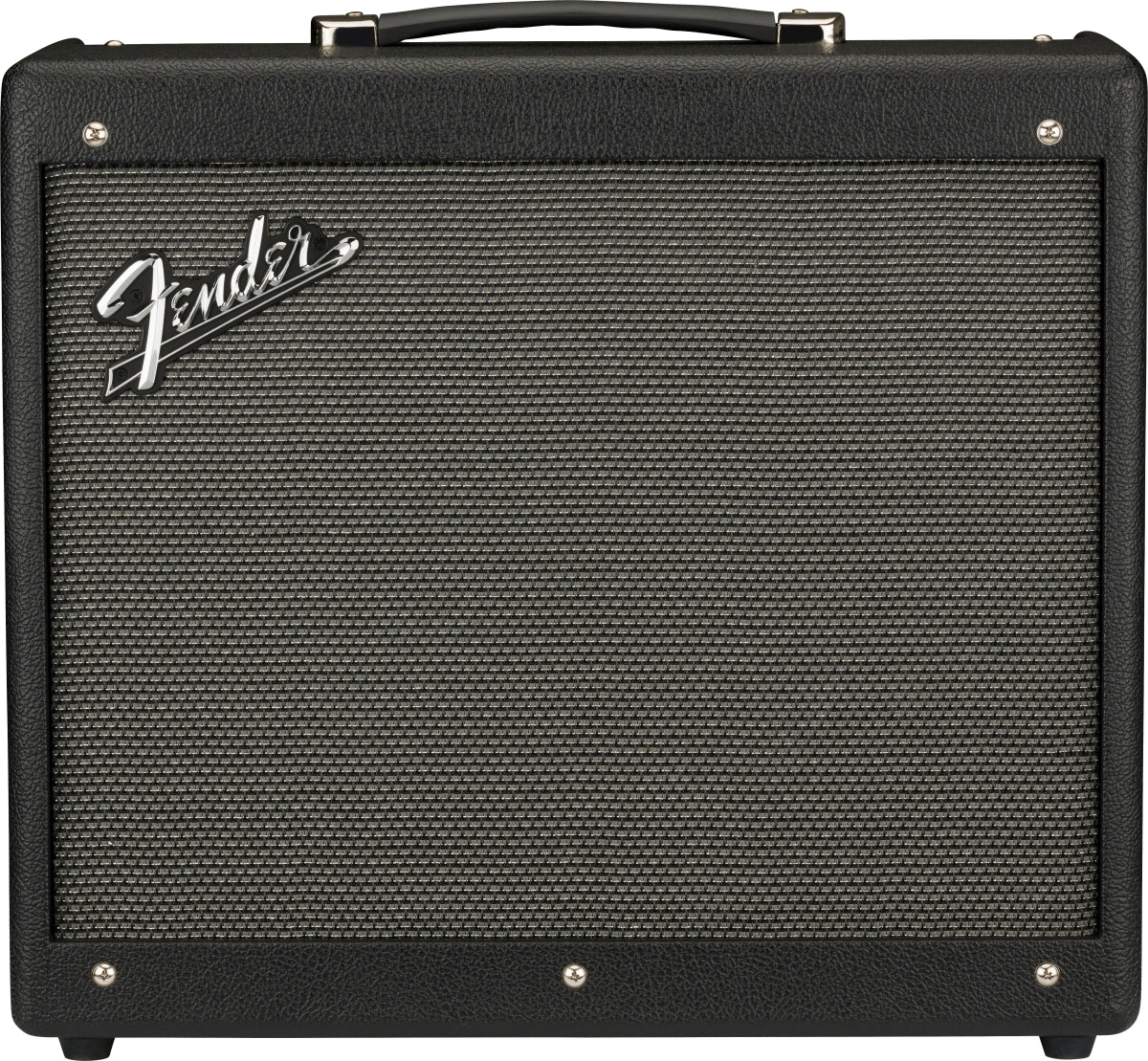 Black rectangular Fender amplifier with a textured front grille, silver Fender logo on the upper left, and a handle on top.