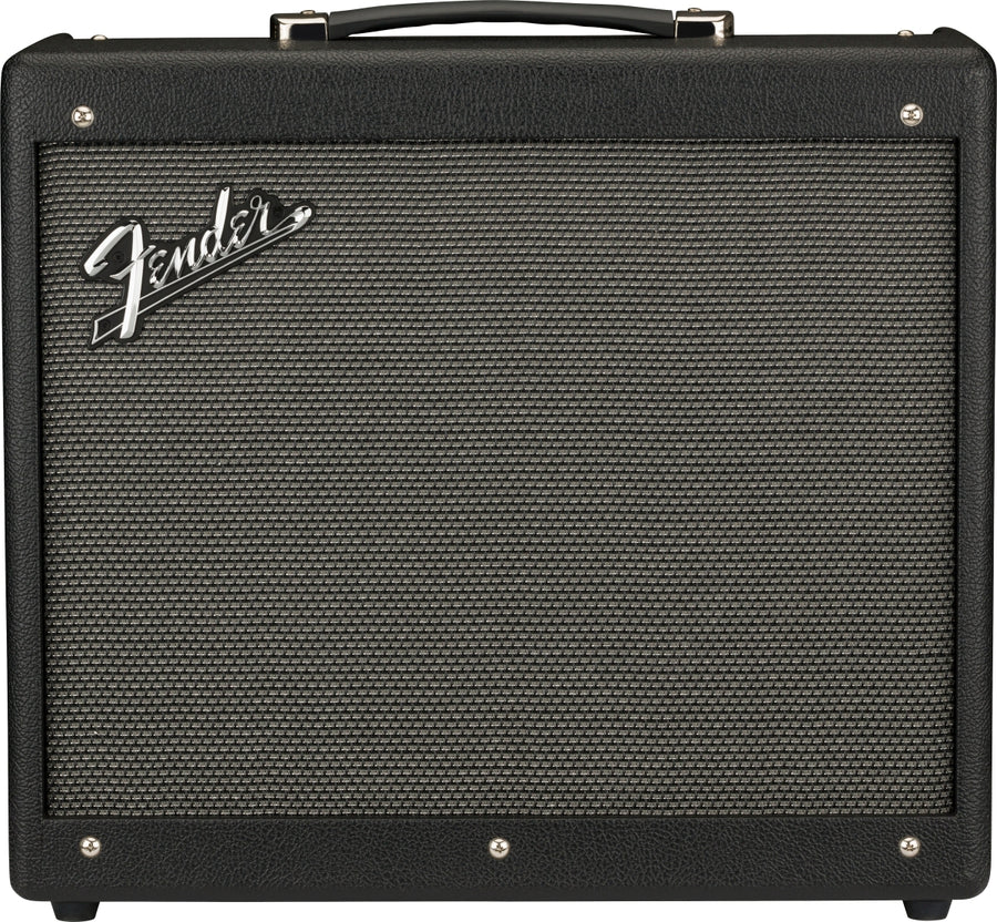 Black rectangular Fender amplifier with a textured front grille, silver Fender logo on the upper left, and a handle on top.