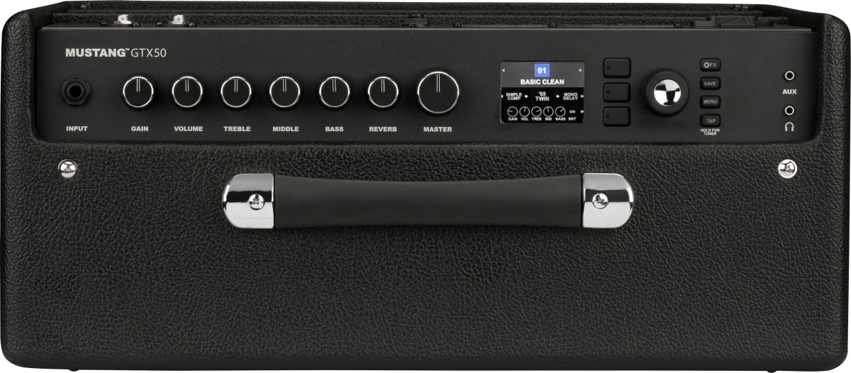Black Mustang GTX50 amplifier with seven control knobs, input jack, digital display, buttons, large handle on top, and accessory ports on the right.