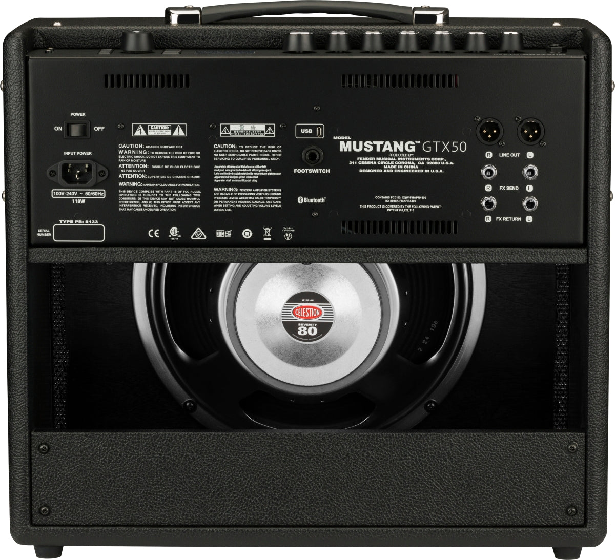 Rear view of a Mustang GTX50 amplifier showing control panel, input ports, power switch, and exposed Celestion Seventy 80 speaker inside.