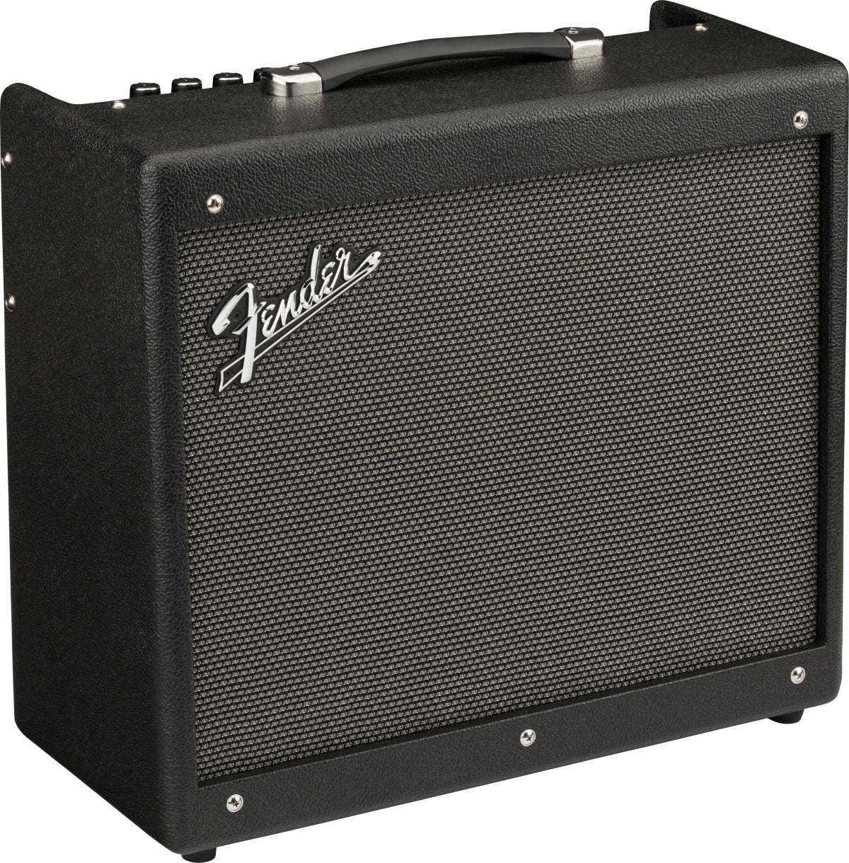 Black Fender amplifier with a textured, silver-gray front grille, black handle on top, and control knobs partially visible on the upper left.