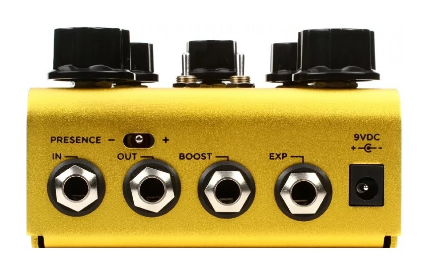 Yellow effects pedal with four large black knobs on top, four quarter-inch jacks, a 9V DC power input, and a presence switch on the back.