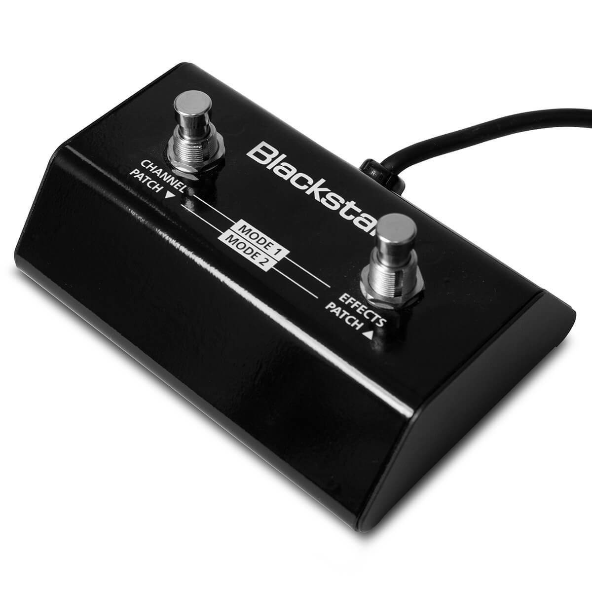 Blackstar FX pedal with two metal footswitches labeled "Channel Patch" and "Effects Patch," connected by a cable on the right.