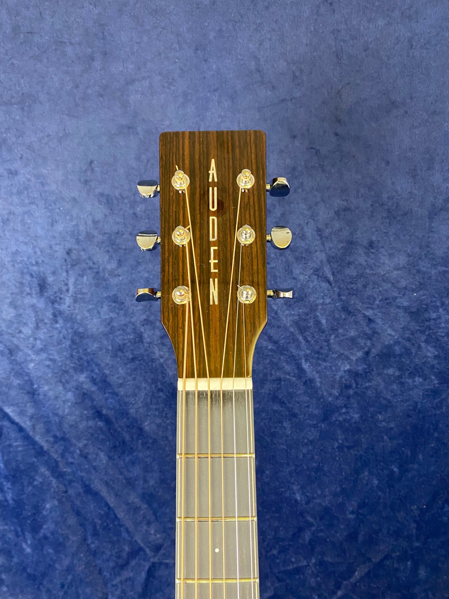 The headstock of an Auden acoustic guitar with six tuning pegs and gold strings, set against a blue textured background.