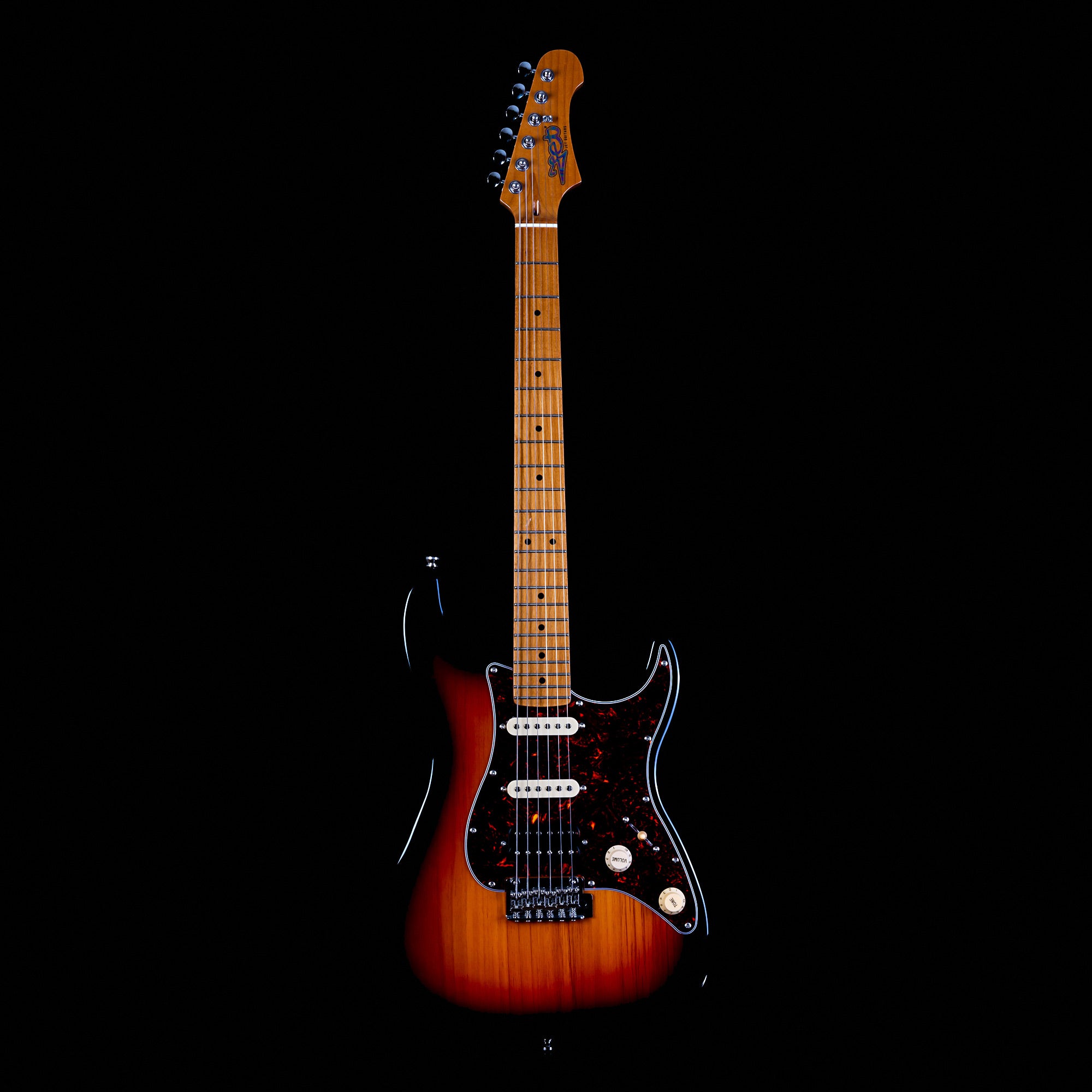 Sunburst electric guitar with a maple neck, three white pickups, black and red pickguard, and chrome hardware against a black background.
