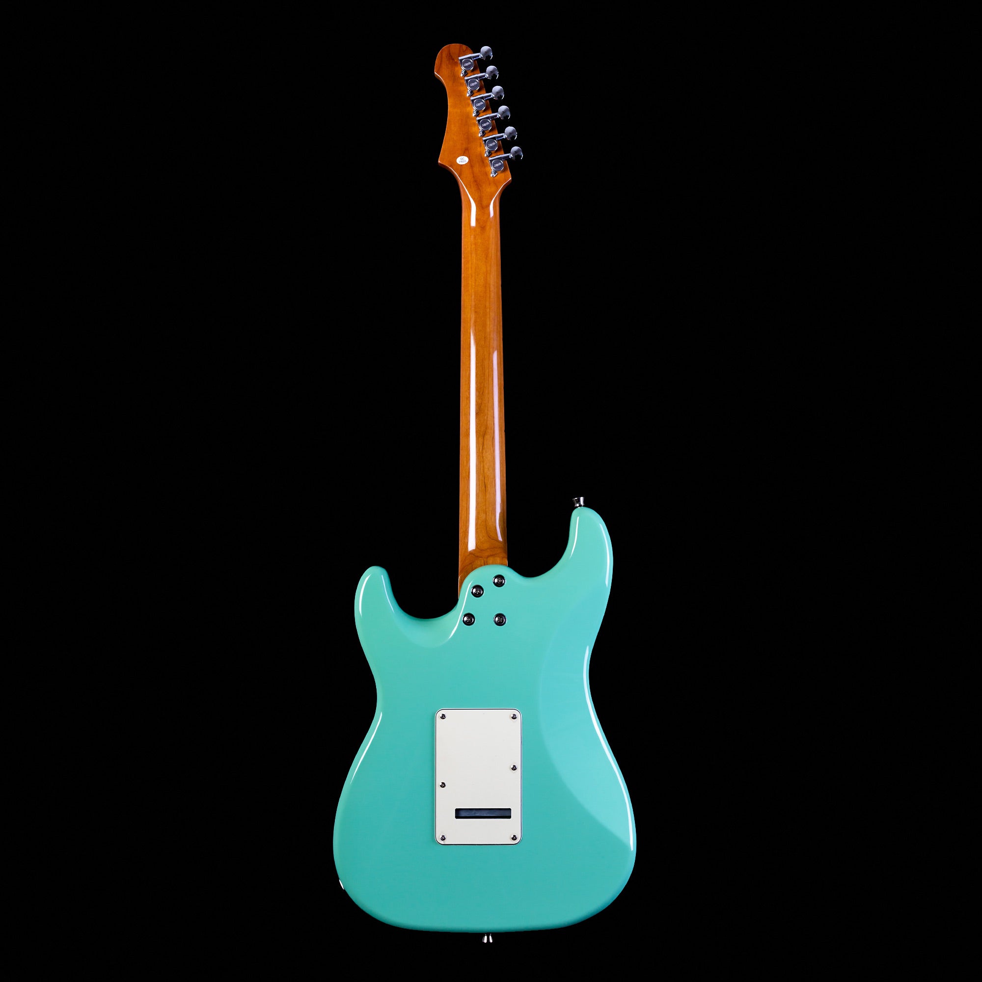 Guitare électrique vue de dos, corps turquoise avec plaque arrière blanche, manche en bois lisse, mécaniques argentées sur la tête.