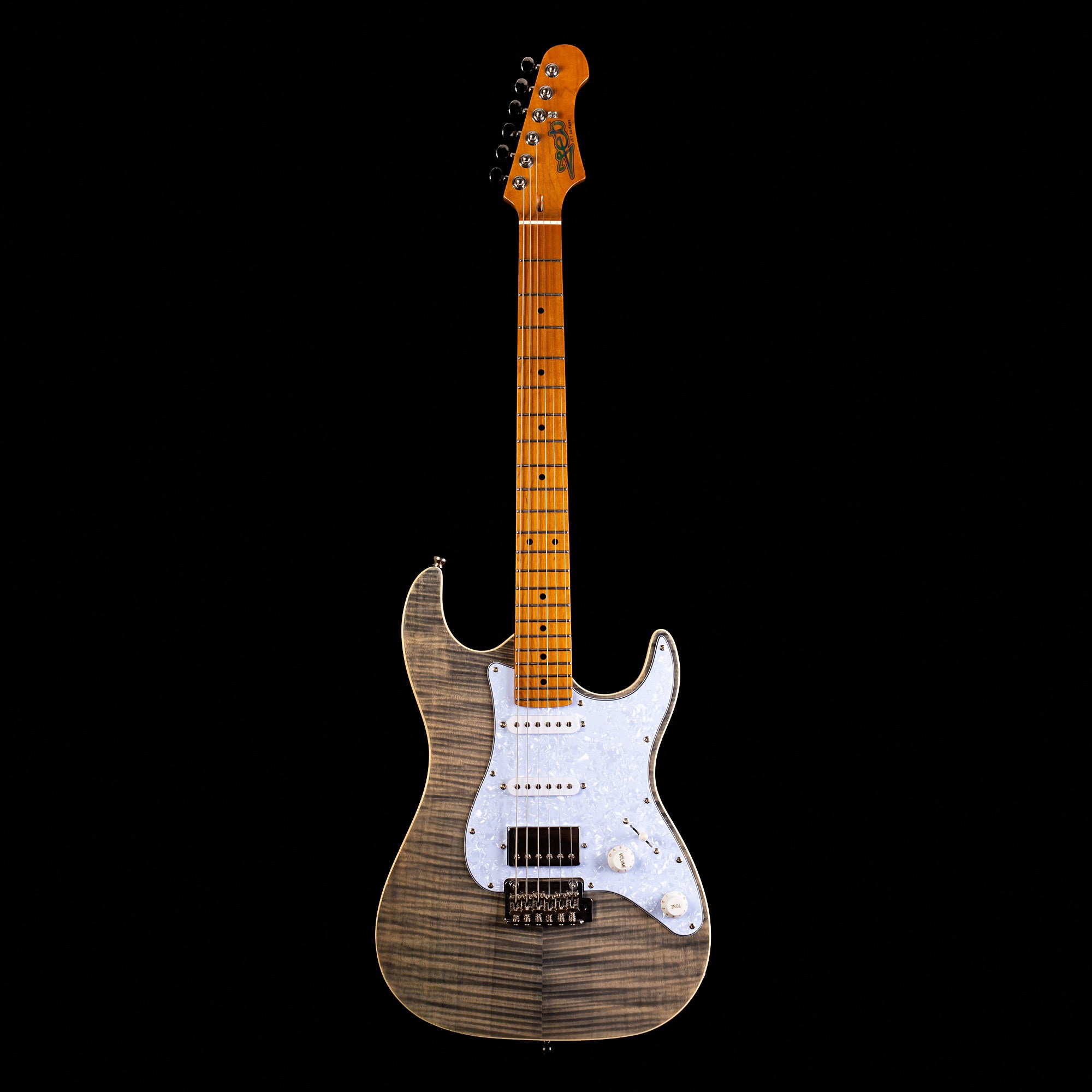 Electric guitar with a maple neck, flamed gray wood finish body, white pickguard, three pickups, and chrome bridge, shown against a black background.