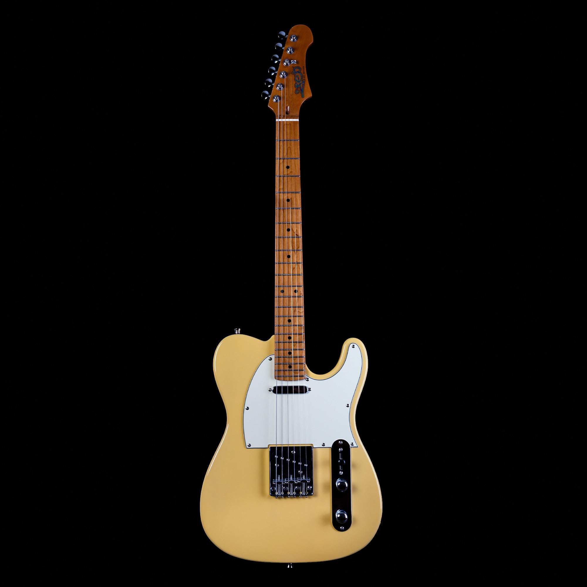 Yellow electric guitar with a white pickguard, two control knobs, and six strings. The neck and fretboard are a light brown wood.