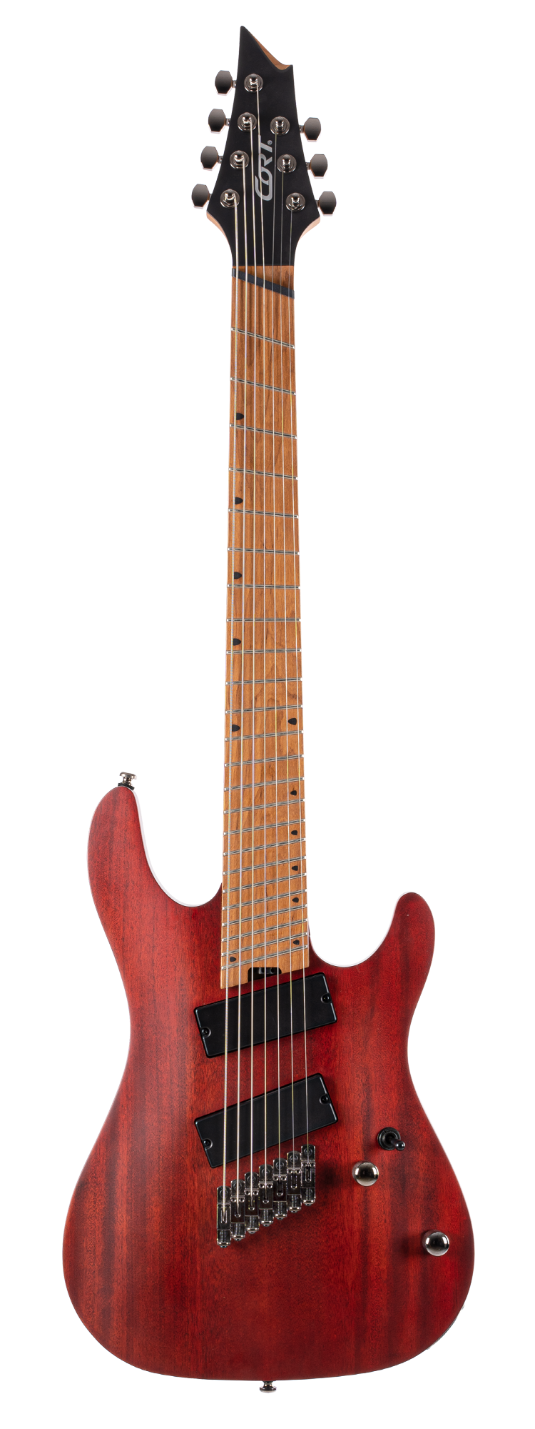 Red Cort electric guitar with eight strings, two rectangular black pickups, black tuning pegs, wooden fretboard, and three control knobs.