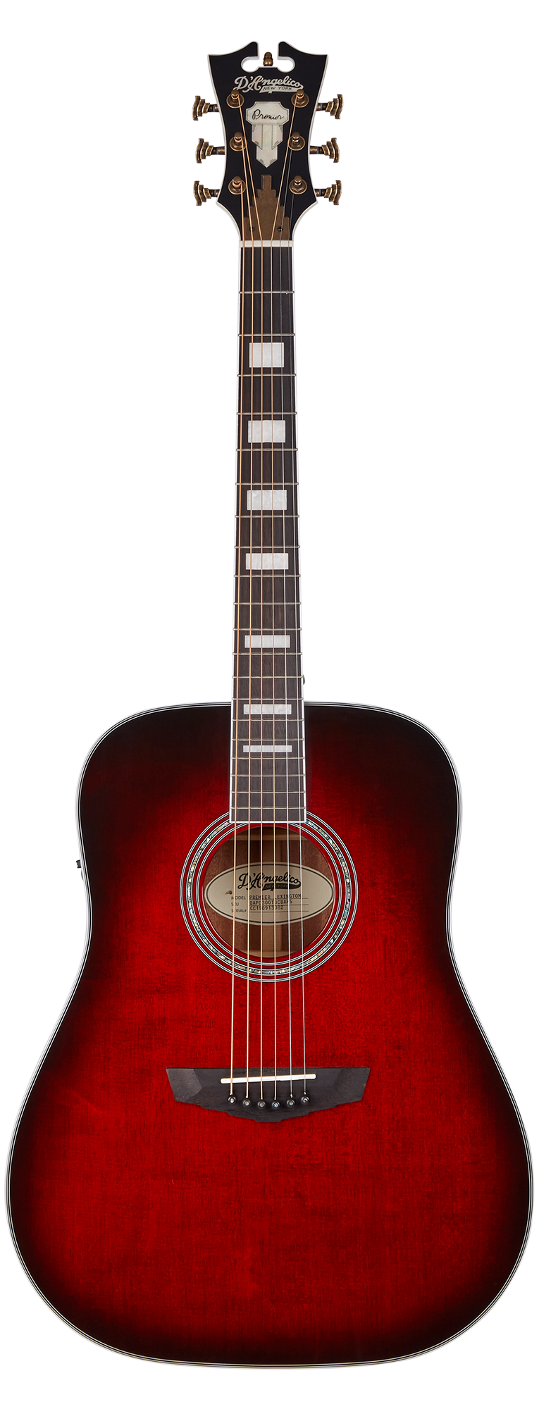 Deep red acoustic guitar with a sunburst finish, rectangular pearl inlays on a dark fretboard, gold tuning pegs, and a decorative rosette around the sound hole.