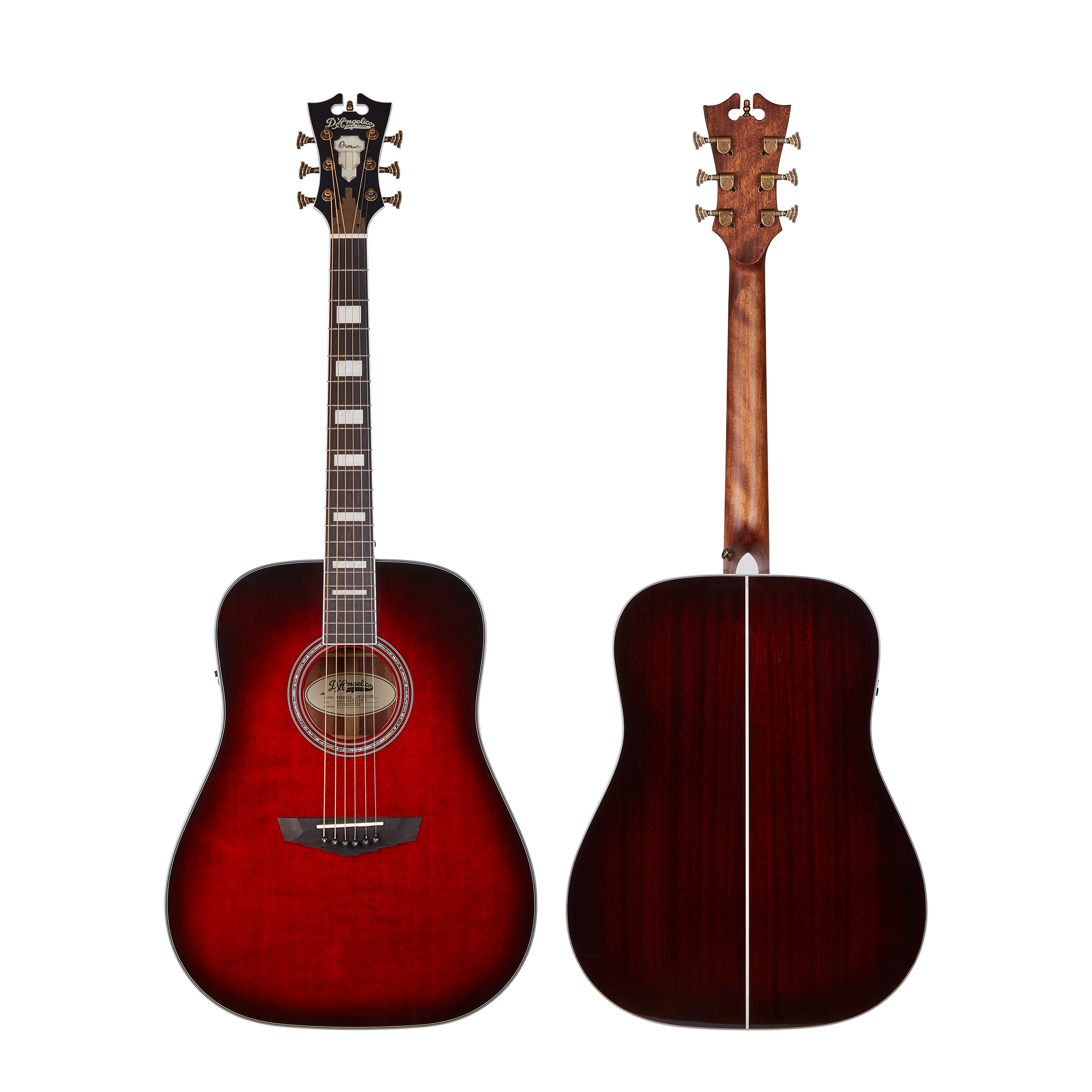 Deep red acoustic guitar with a glossy finish, white trim, ornate headstock, and rectangular fretboard inlays; front and back views shown.