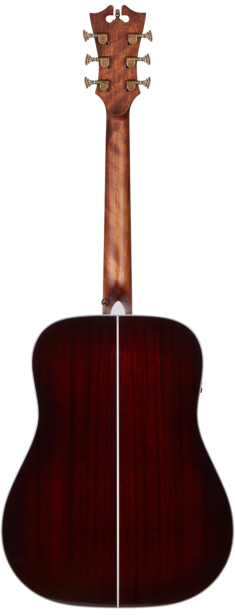 Back view of an acoustic guitar with a glossy dark reddish-brown body, lighter wood neck, and six antique-style tuning pegs.