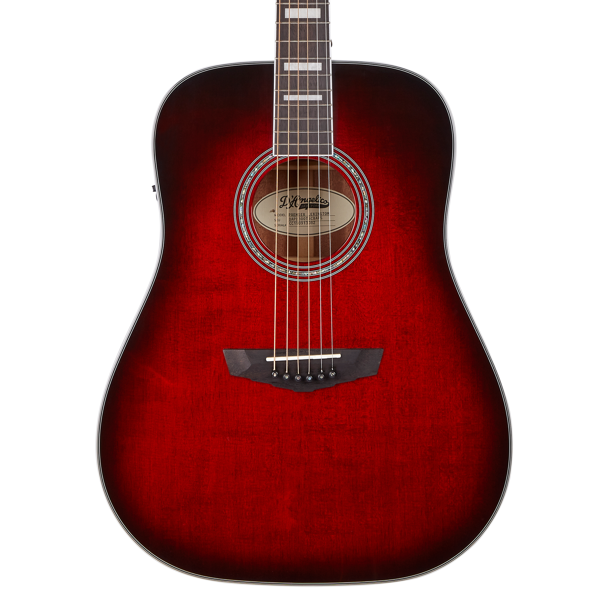Deep red acoustic guitar with a black gradient edge, six strings, circular sound hole, and dark bridge; fretboard partly visible at the top.