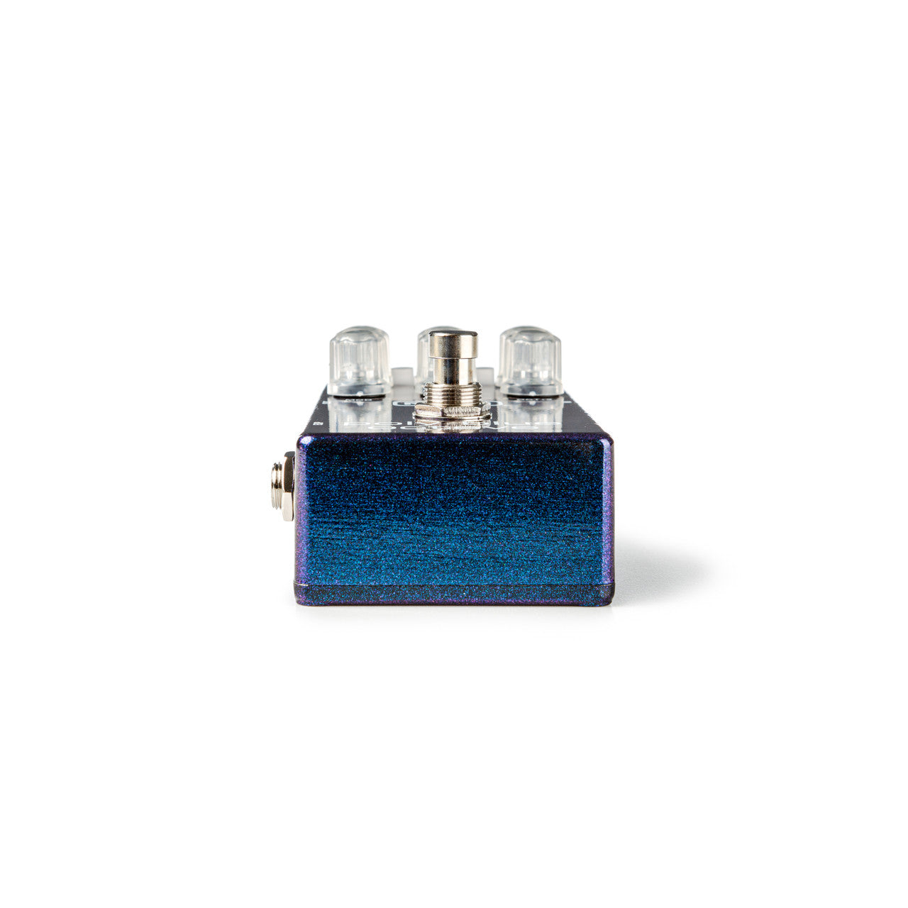 Blue metallic effects pedal with two clear knobs and a central silver footswitch on top, viewed from the front.