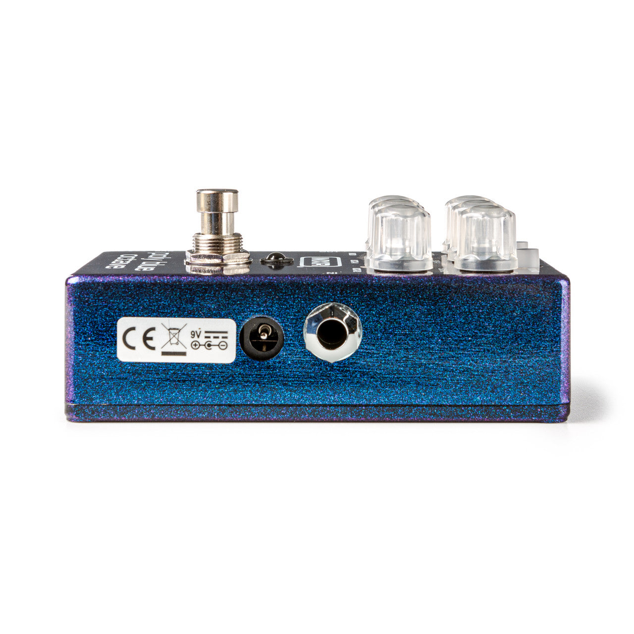 Blue effects pedal with two clear knobs, a metal footswitch, 9V power input, and a single quarter-inch audio jack on one side.
