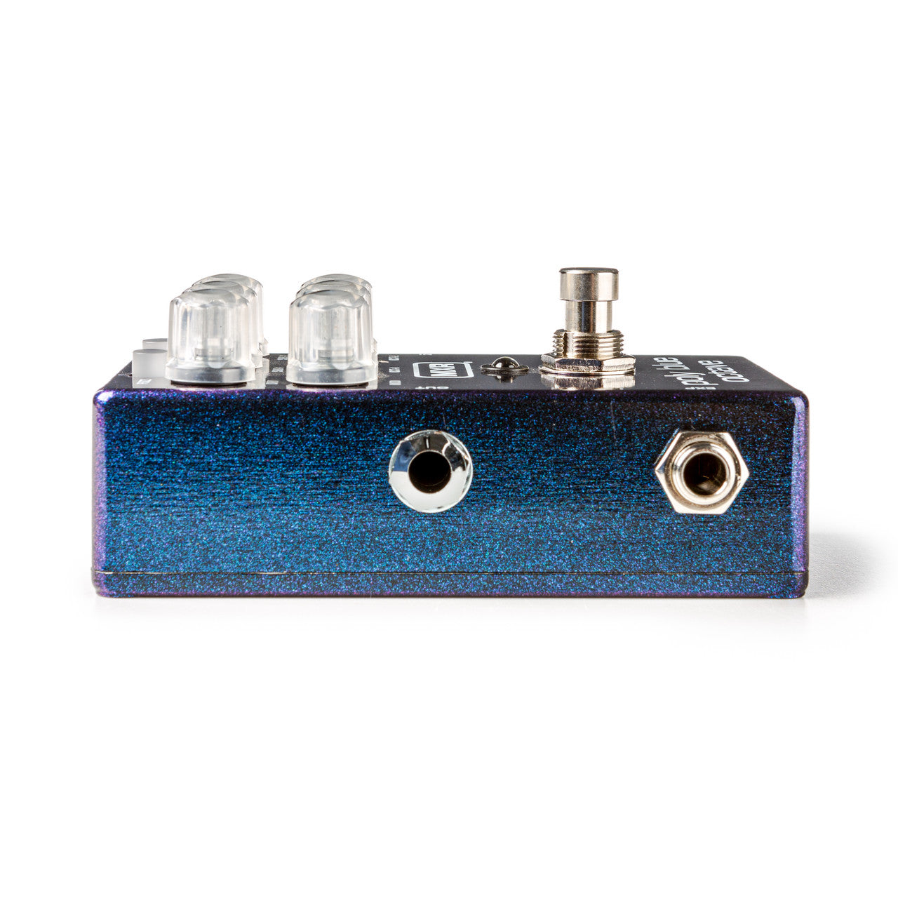 Blue metallic effects pedal with two clear knobs, a metal footswitch, and two jack inputs on the front side.