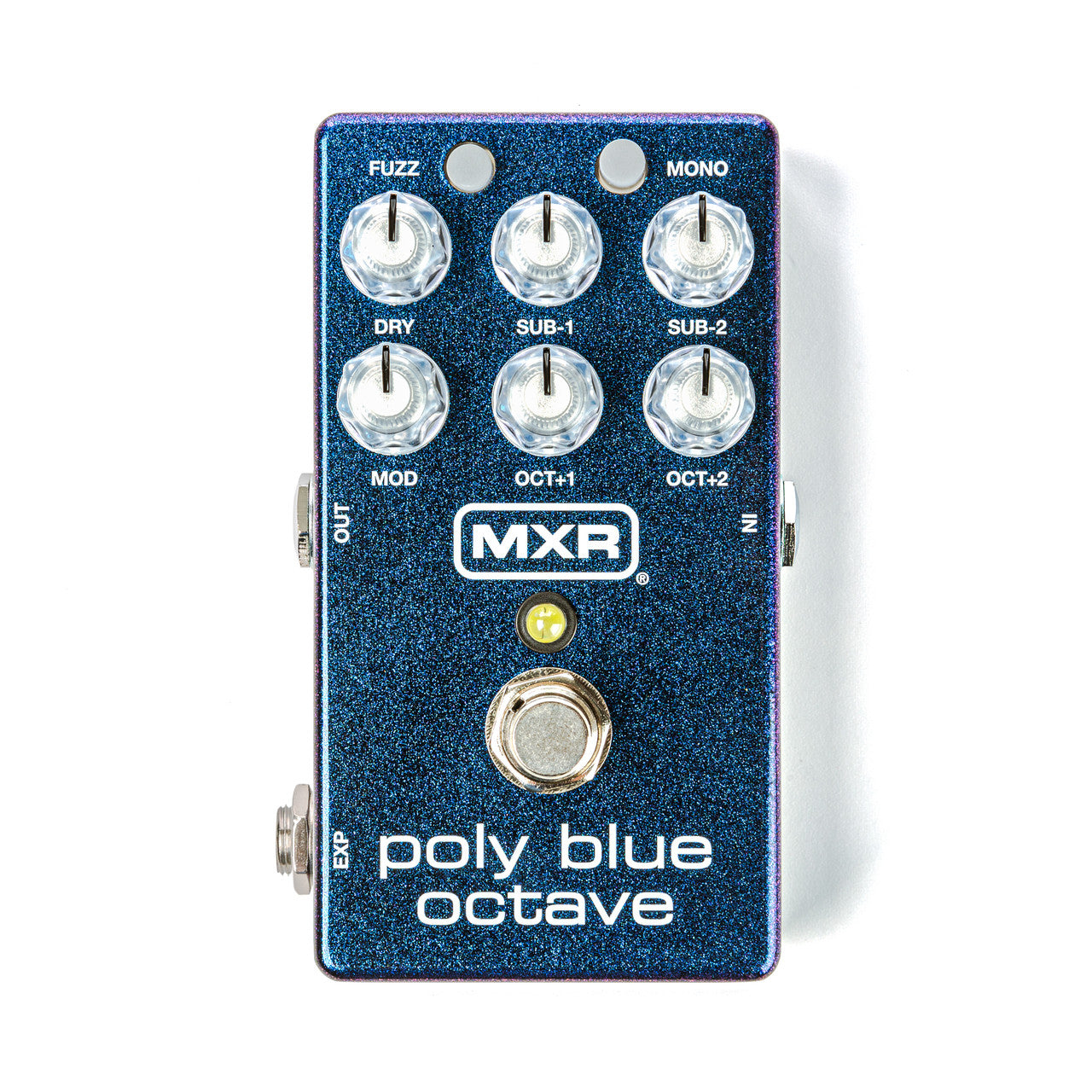 Blue MXR Poly Blue Octave effects pedal with six clear knobs, a footswitch, small buttons for fuzz and mono, and large white labeling.