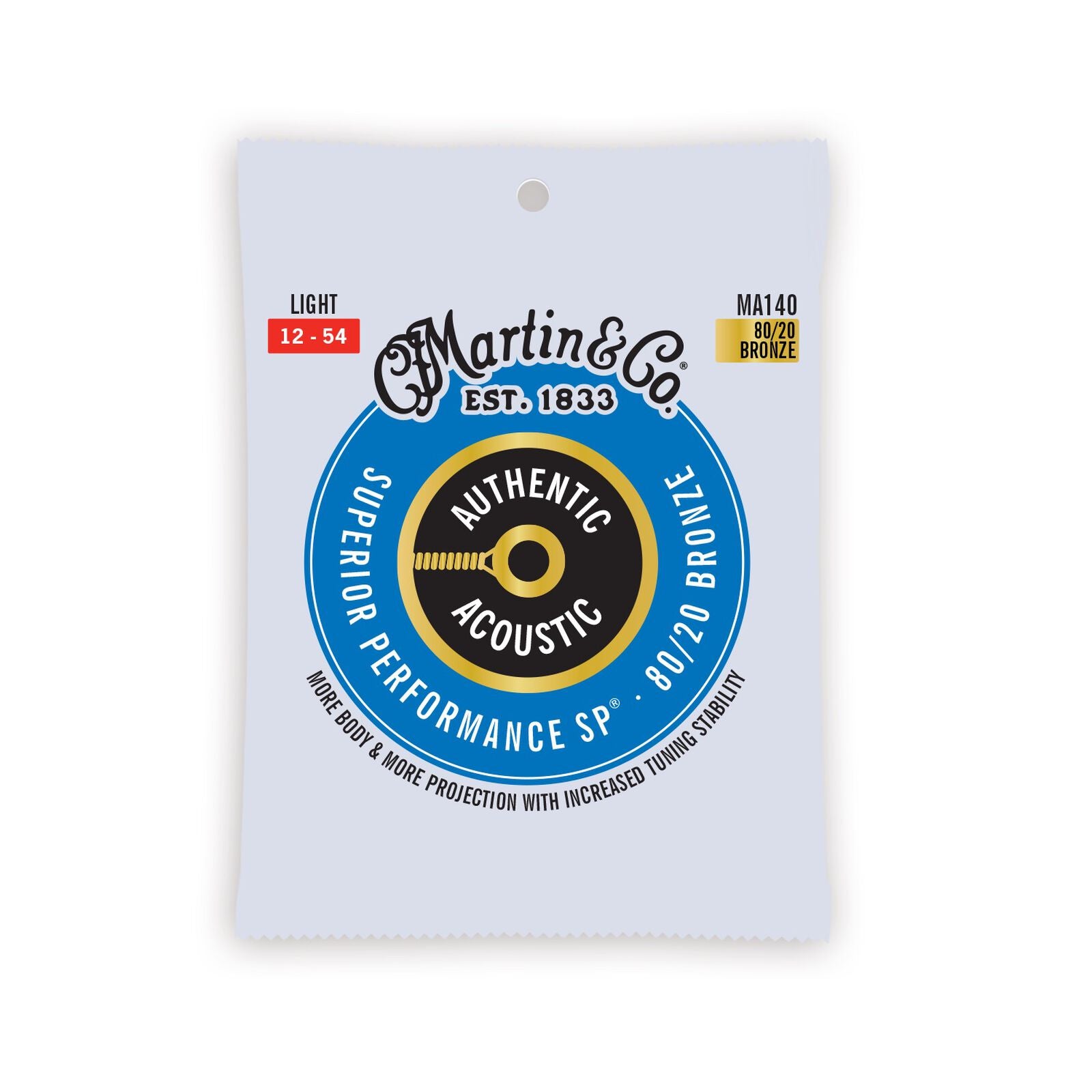 Martin & Co. Authentic Acoustic light guitar strings, 80/20 bronze, gauge 12-54, in a white and blue package with a gold and black circle design.