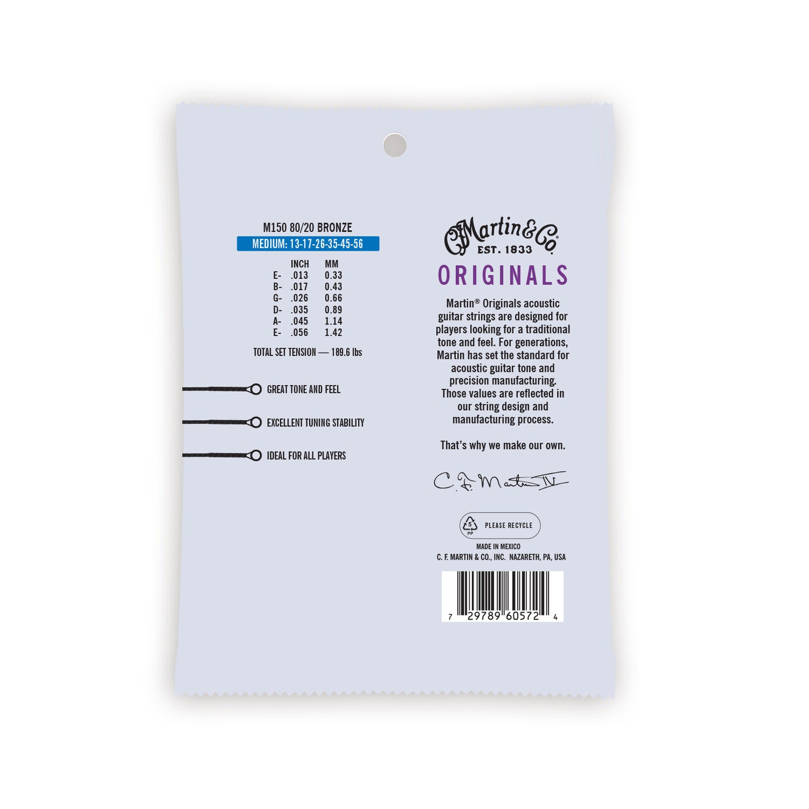 Martin Originals acoustic guitar strings, medium gauge 13-56, 80/20 bronze; includes tension, string sizes, and product description on the packaging.