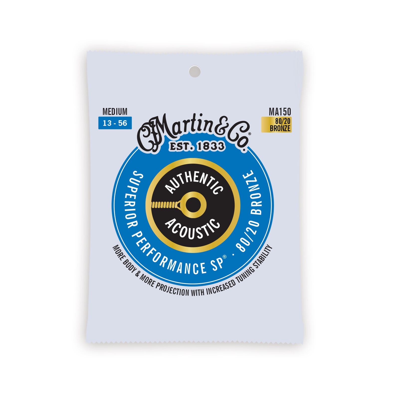 Martin & Co. Authentic Acoustic Superior Performance SP 80/20 Bronze guitar strings, medium gauge 13-56, in a white and blue packet.