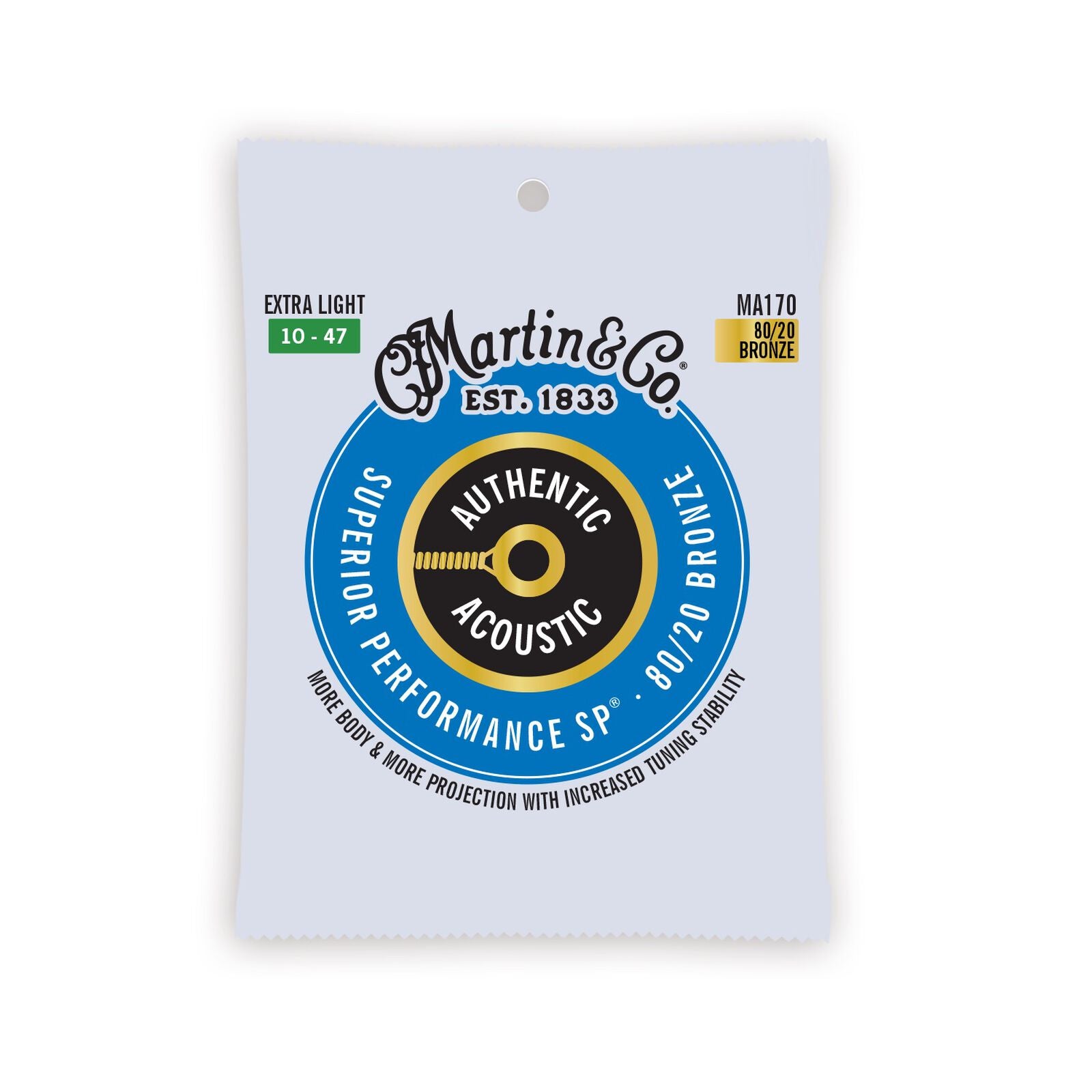 Martin & Co. Authentic Acoustic 80/20 bronze guitar strings, extra light gauge 10-47, model MA170, in a white and blue package.