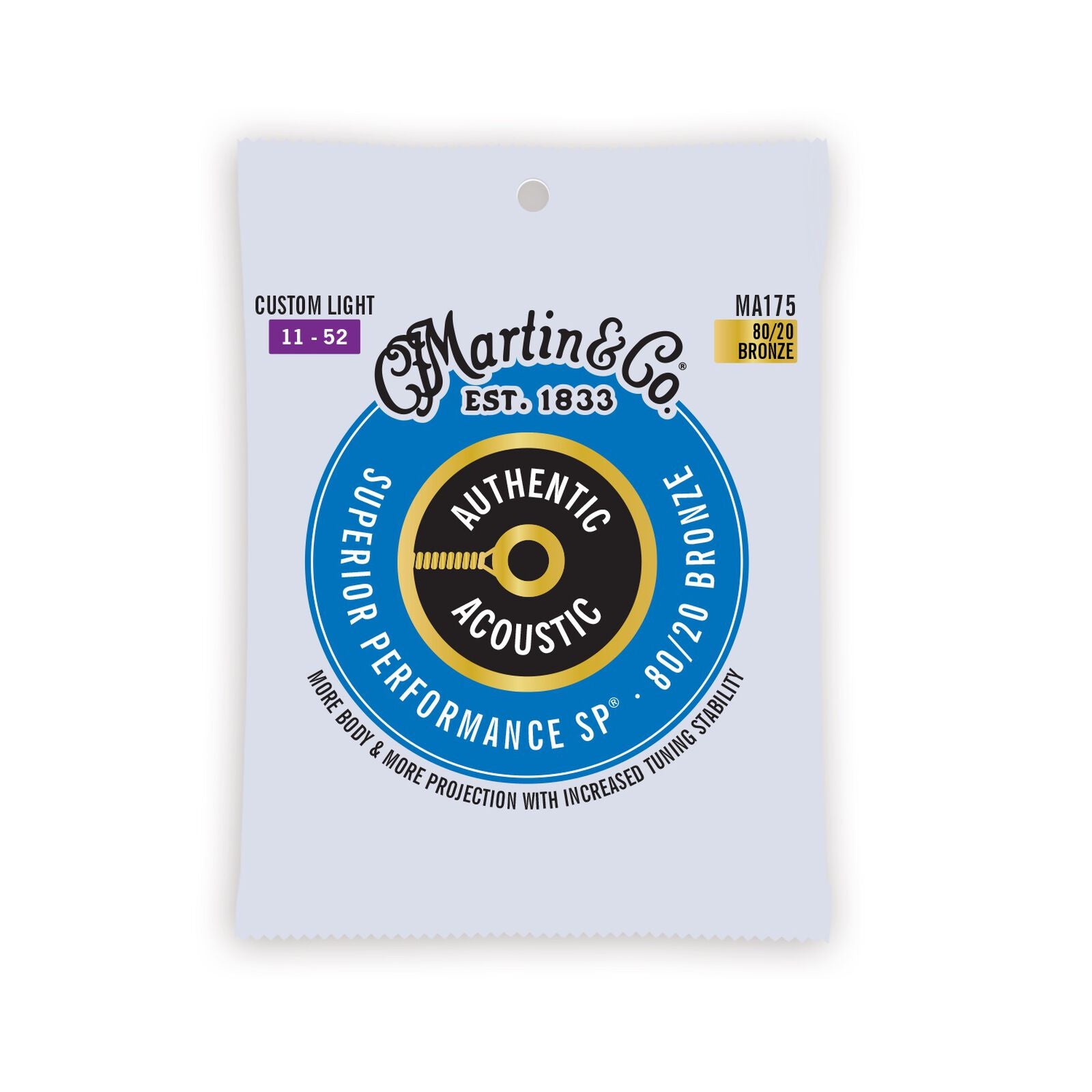 Martin & Co Authentic Acoustic 80/20 Bronze guitar strings, custom light gauge 11-52, Superior Performance SP, model MA175.