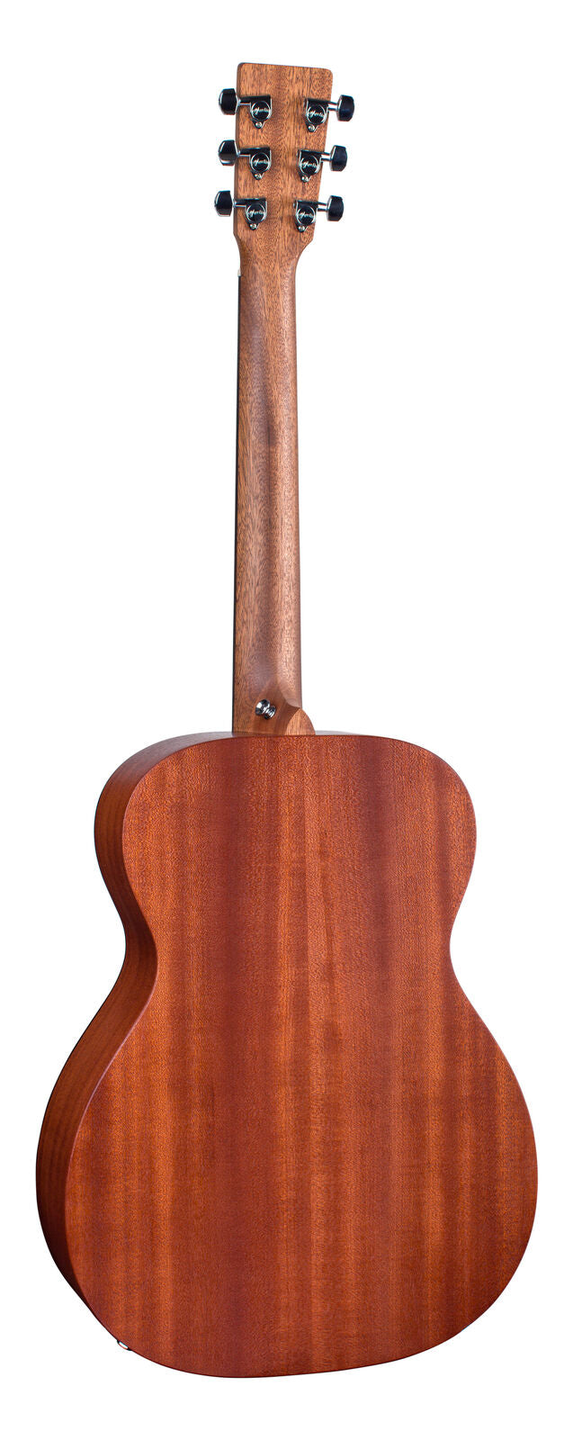 Mahogany acoustic guitar shown from the back, highlighting its smooth wooden finish and six chrome tuning pegs on the headstock.