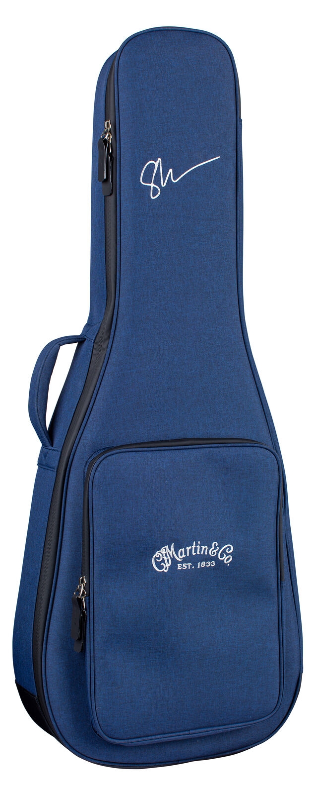 Blue soft guitar gig bag with zippered pocket, white Martin & Co. EST. 1833 and a signature printed on the front, carrying handle on the side.