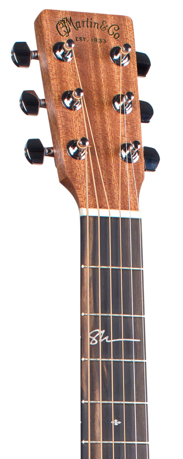 Headstock and upper neck of a Martin & Co acoustic guitar with six tuning pegs and visible logo; fretboard shows metal frets and signature inlay.
