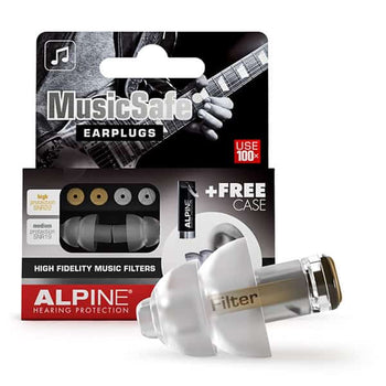 MusicSafe earplugs by Alpine with interchangeable filters for high fidelity music protection, includes a free case and is reusable over 100 times.